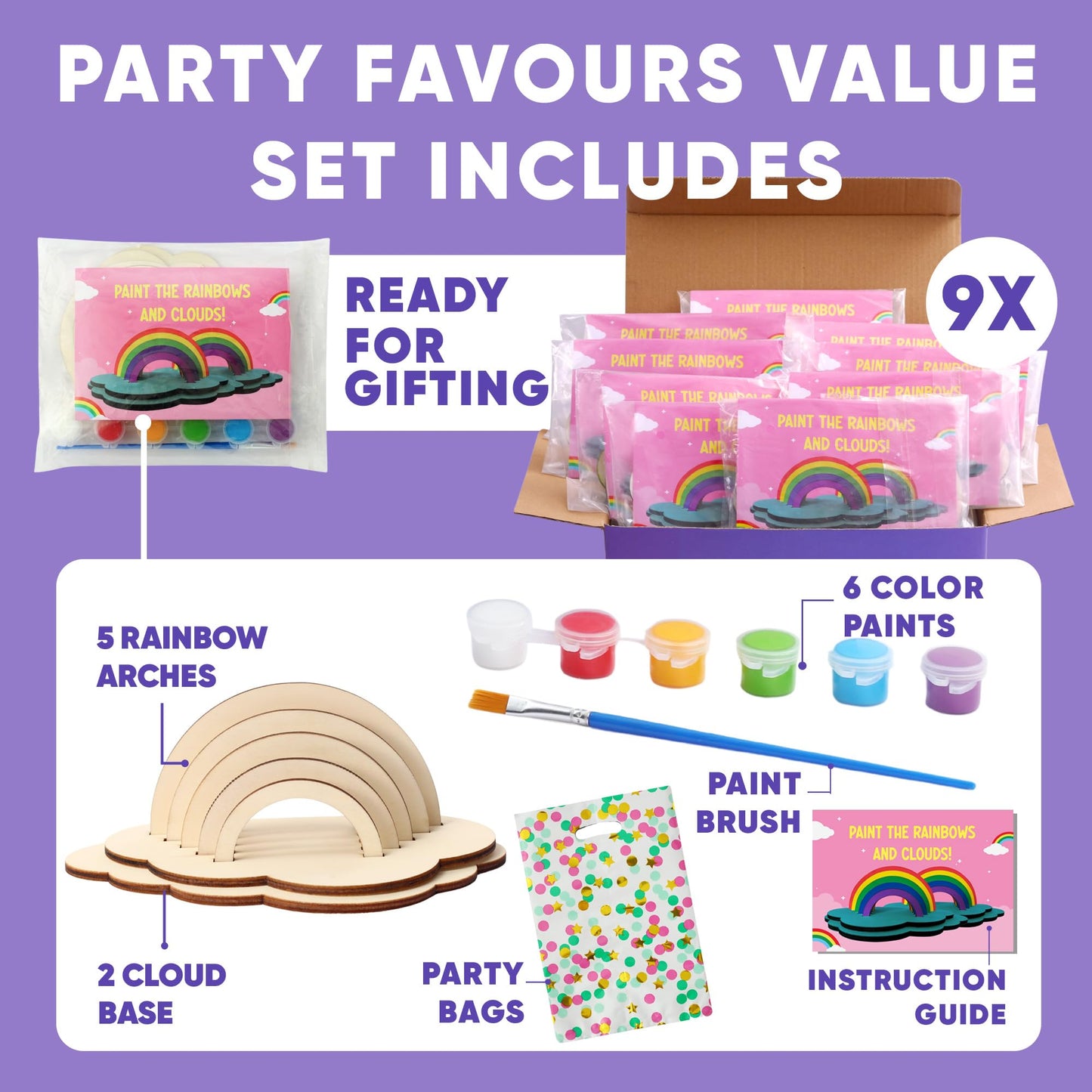 Crafty Happitoys Rainbow Painting Set For Kids 9 Pcs - Bulk Stockings & Birthday Goodie Bag Stuffer - Kids Party Favors Toy Retu
