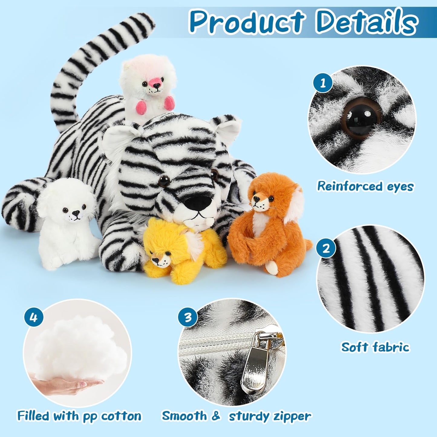 Tezituor 5 Pcs Tiger Stuffed Animals Set  20 Inch Large Mommy Stuffed Tiger Plush with 4 Babies Toy  White Tiger Plush Pillow Gift for Girls Boys