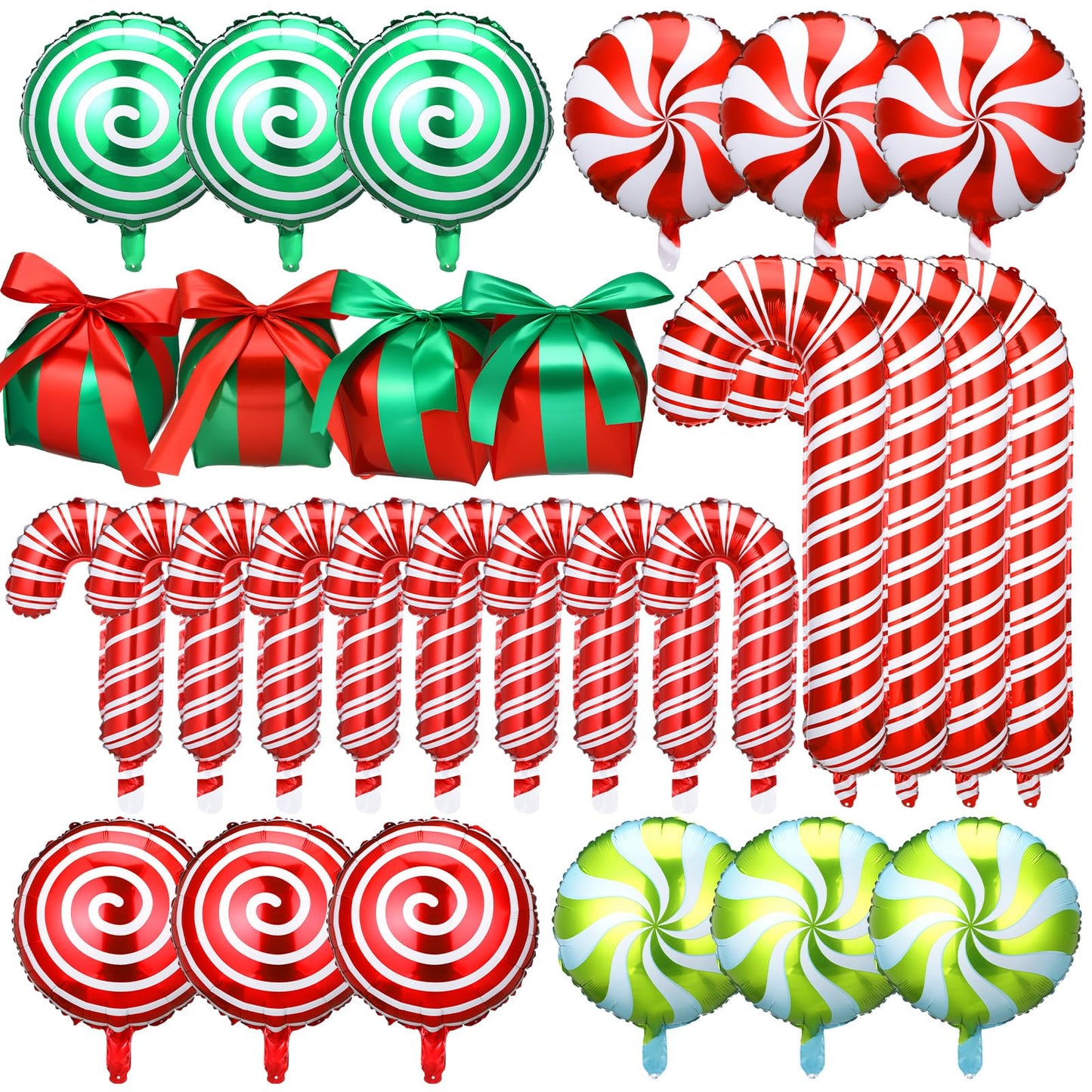 Arrowbash 72 Pcs Christmas Balloons Decorations Set Candy Cane Gift Box Foil Balloons Set Red and Green Lollipop Decorations for
