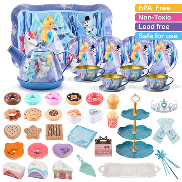 Golray Tea Party Set for Little Girls Frozen Toys Inspired Elsa Princess Gift, 49Pcs Kid Tin Tea Set & Luxury Food Playset & Car