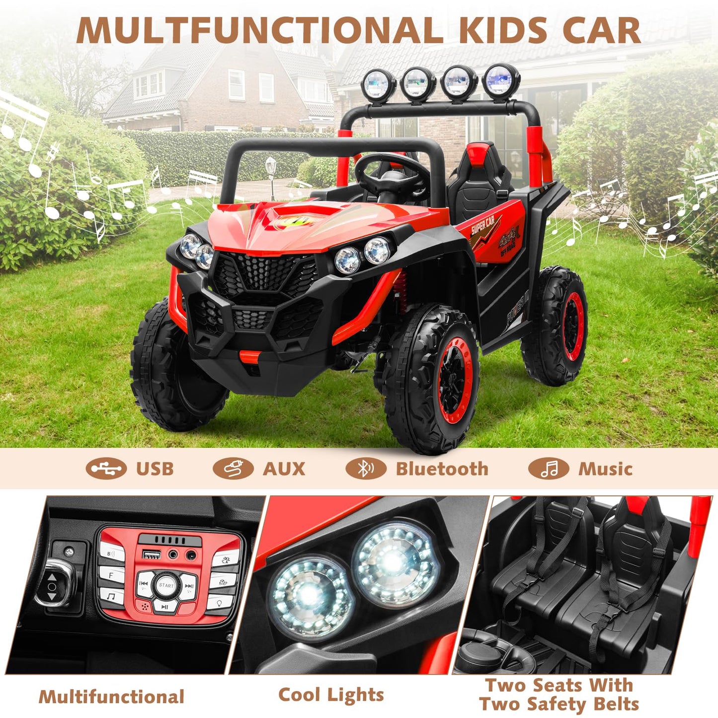 Alinux 24V 2 Seater Ride On Car For Kids, 4Wd Electric Cars Vehicles For Kids 3-8 Years With Remote Control, Bright Led Light, B