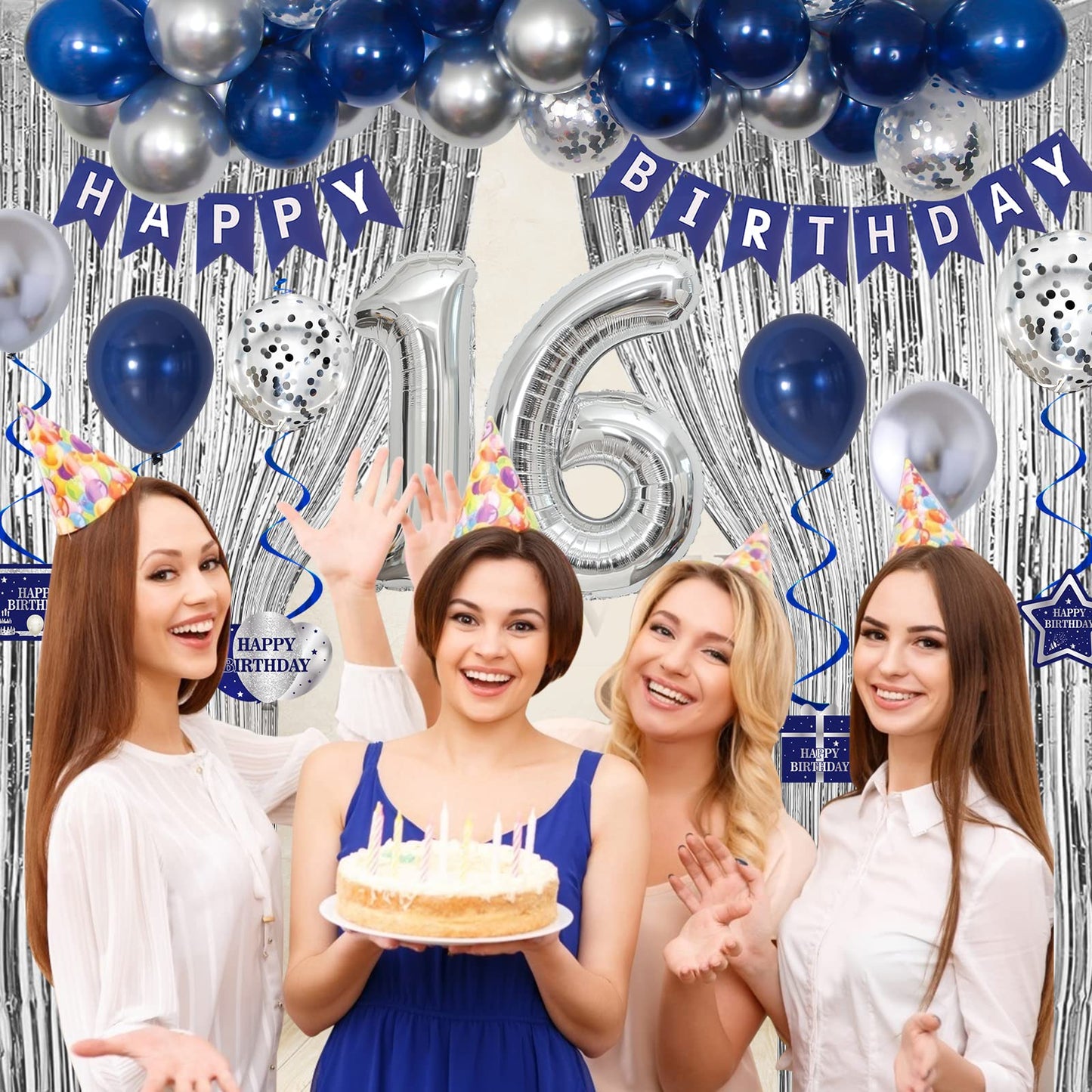 16Th Birthday Decorations For Boys And Girls Blue Silver, Happy 16Th Birthday Decorations Banner Birthday Balloons Number 16 Tab