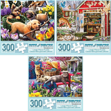 Bits And Pieces - Value Set Of Three (3) - 300 Piece Jigsaw Puzzles For Adults - Spring Collection Large Piece Jigsaws By Artist