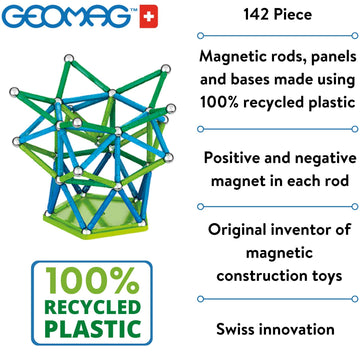 Geomag Magnetic Sticks And Balls Building Set | Stem & Educational Magnet Toys Made From 100% Recycled Plastic | Storage Box | Classic 142 Piece Age 3-99