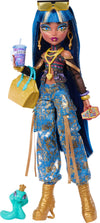 Monster High Doll, Cleo De Nile in Crop Top and Golden Denim Cargo Pants with Pet Snake Hissette and 7 Accessories Like Salad, S