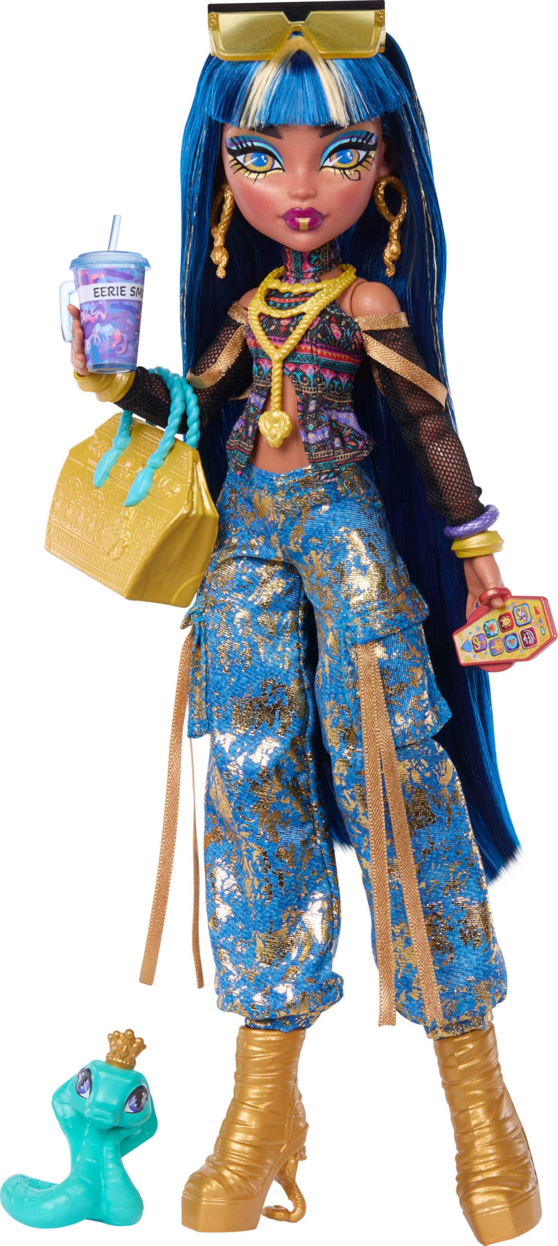 Monster High Doll, Cleo De Nile in Crop Top and Golden Denim Cargo Pants with Pet Snake Hissette and 7 Accessories Like Salad, S