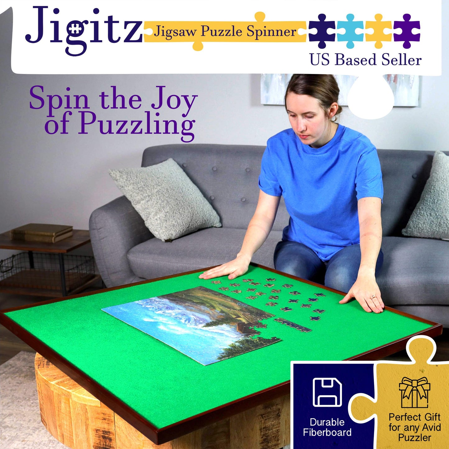 Jigitz Jigsaw Puzzle Spinner – 34In Square Puzzle Holder Rotating Puzzle Table Portable Puzzle Board Game Table