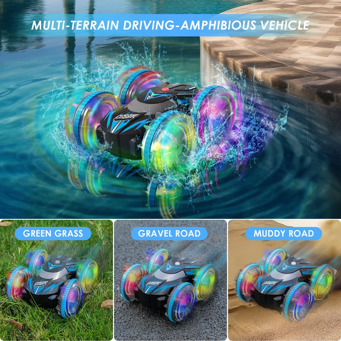 CGSGDK Beach Amphibious Remote Control Car Toys,2.4 GHz Remote Control Boat Waterproof, All Terrain RC Stunt Car with LED Lights