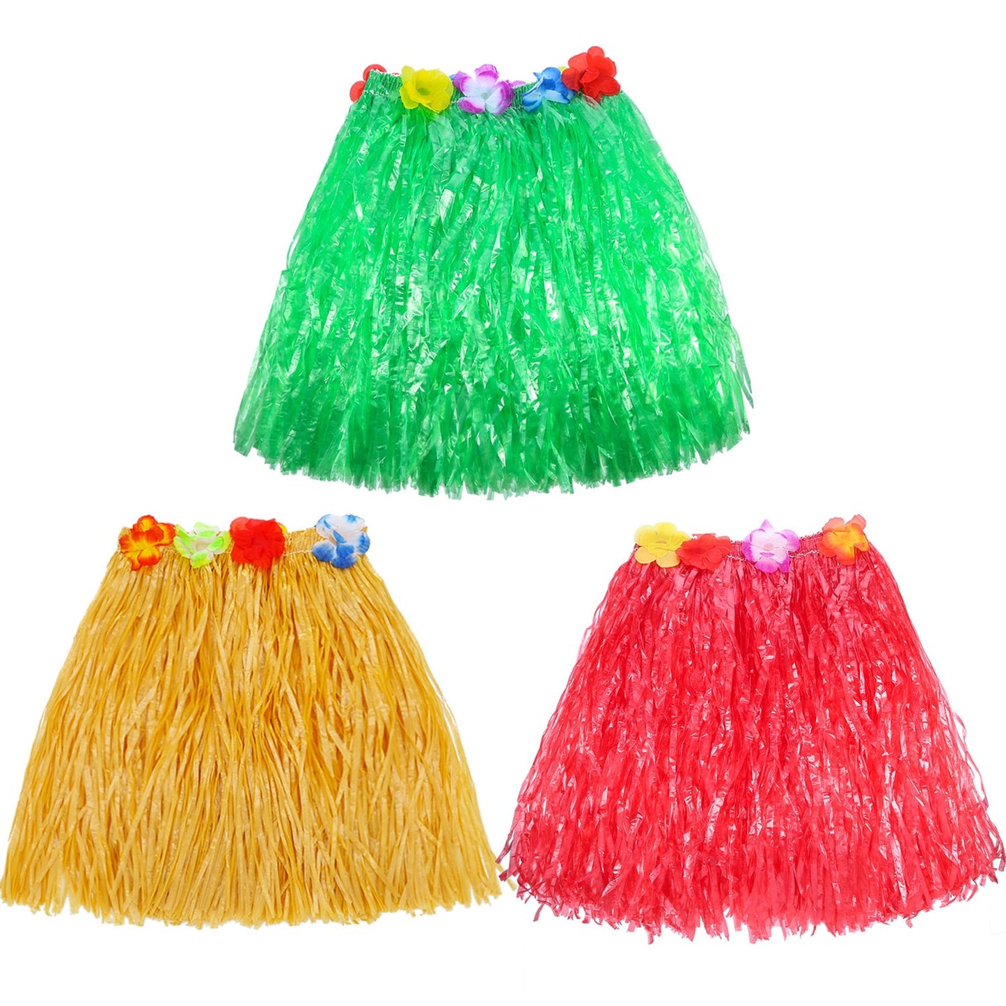 Gejoy 3 Set Grass Skirts for Kids Girls Elastic Hawaiian Hula Dancer Grass Skirt with Flower Leis for Luau Party Costume Set