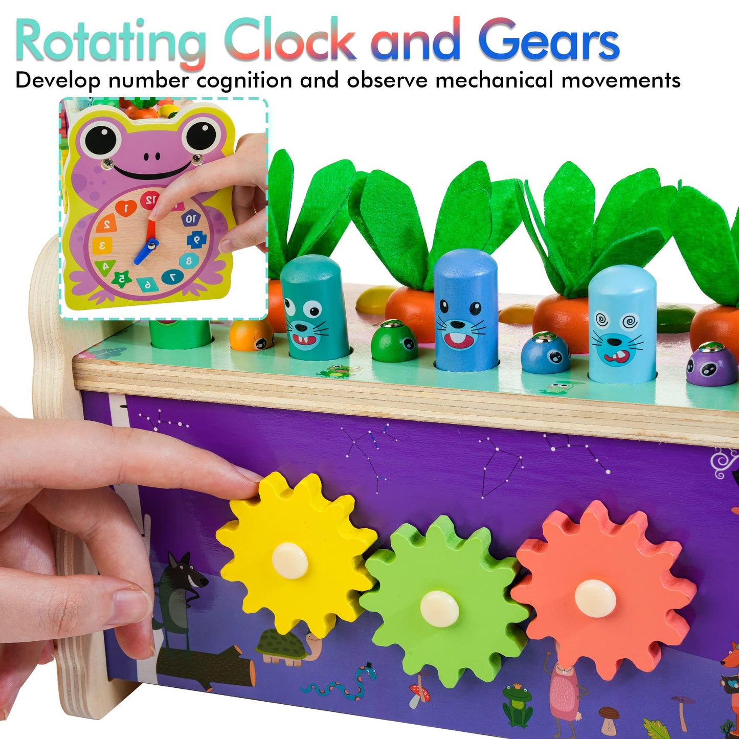 Amtreen 6-In-1 Wooden Montessori Toys For 1 Year Old, Whack-A-Mole Game | Play The Xylophone | Frog Clock | Carrot Harvest Game | Spinning Gear, Toddler Toys Aged 1-4, Baby Toy Gift For Early Learning