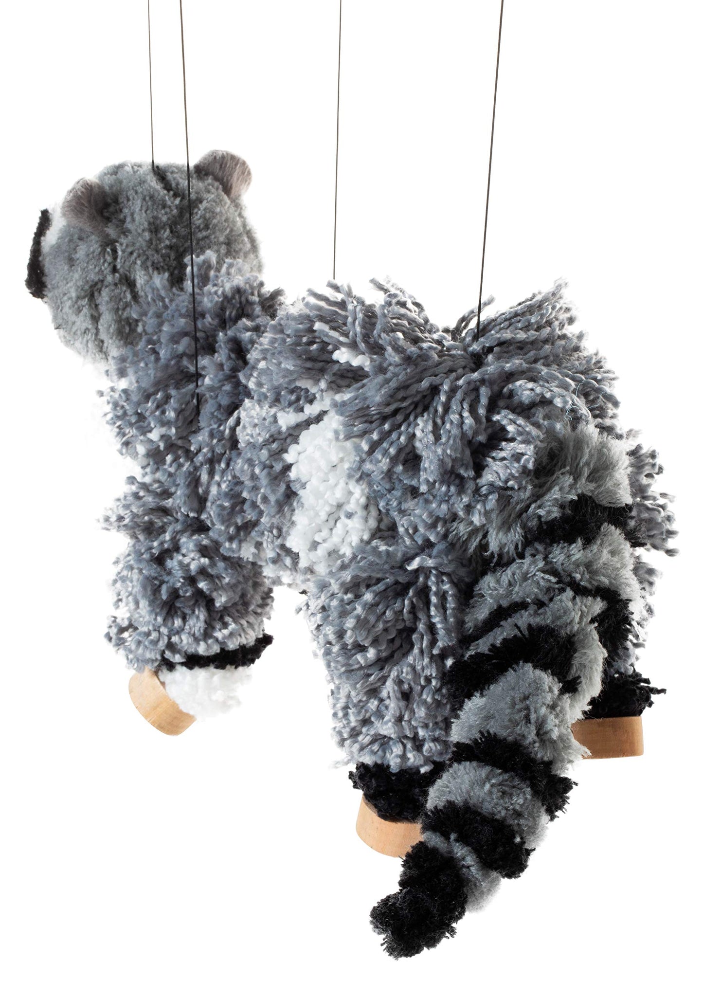 Artisan Owl Raccoon Marionette Puppet - Soft Yarn Body with Wooden Feet, Detachable Strings