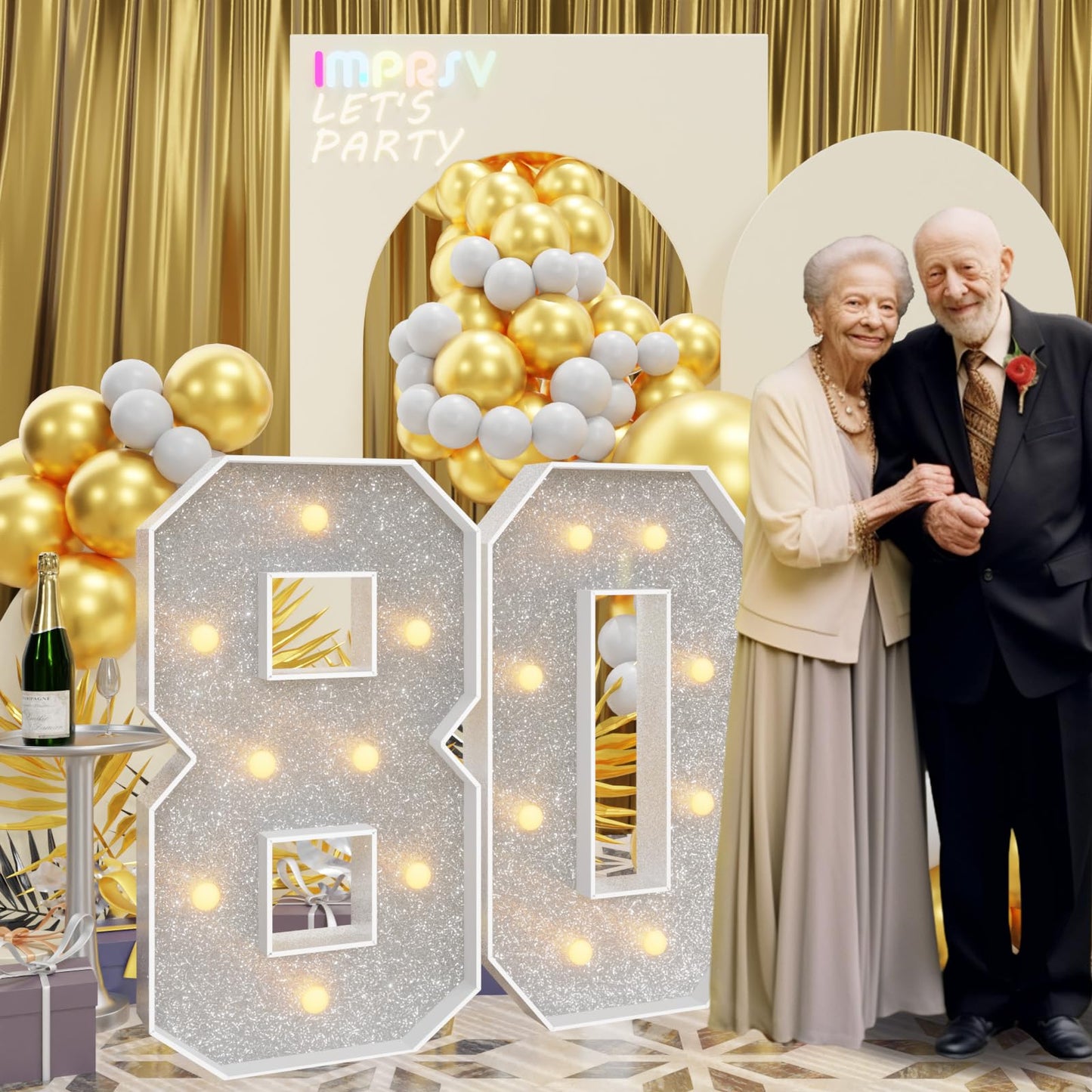 Imprsv 3Ft Silver 80Th-Birthday Decorations Numbers: 80Th Birthday Party Anniversary Decorations Large Light Up Numbers 80 For M