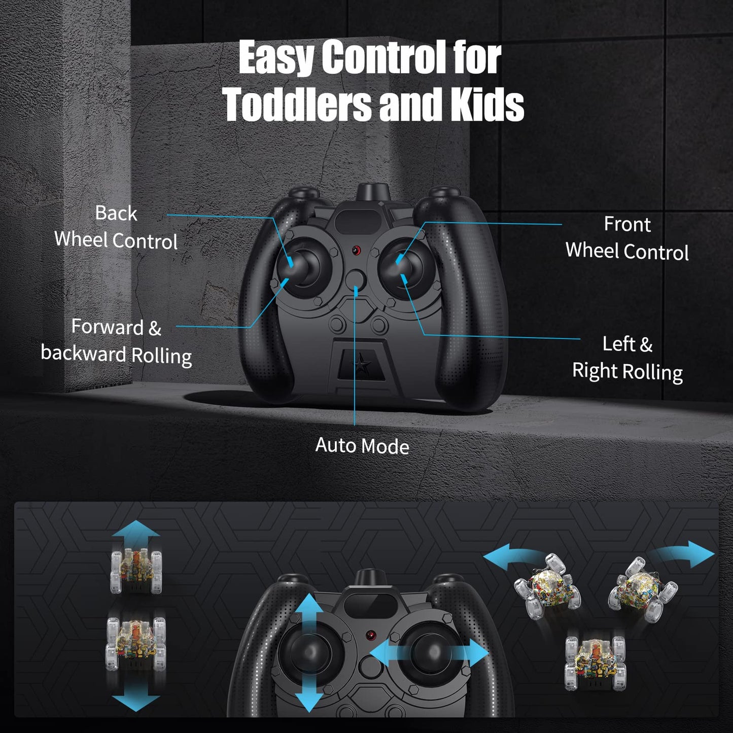 Kizeefun Remote Control Car for Kids RC Stunt Car Invincible 360Rolling Twister with Colorful Lights & Music Rechargeable Remote