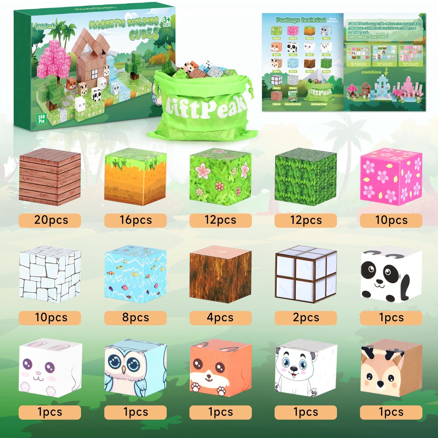 Magnetic Blocks-100Pcs Minecraft Magnetic Blocks Magnetic Magnetic Blocks For Kids Ages 4-8 Forest Set Magnetic Minecraft Blocks