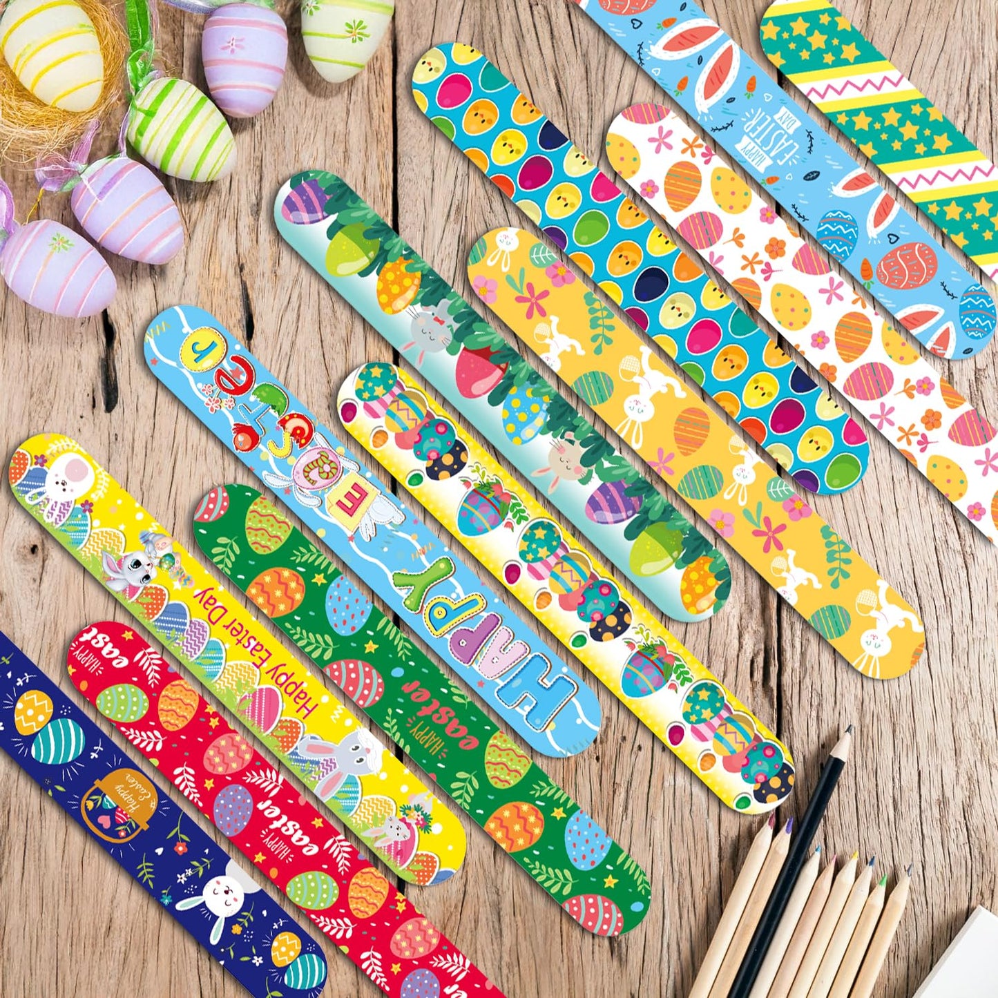 UMEMAXSO 48 PCS Easter Slap Bracelets for Kids - Fun Bunny & Egg Designs, Party Favors, Goodie Bag Fillers, and Classroom Prizes