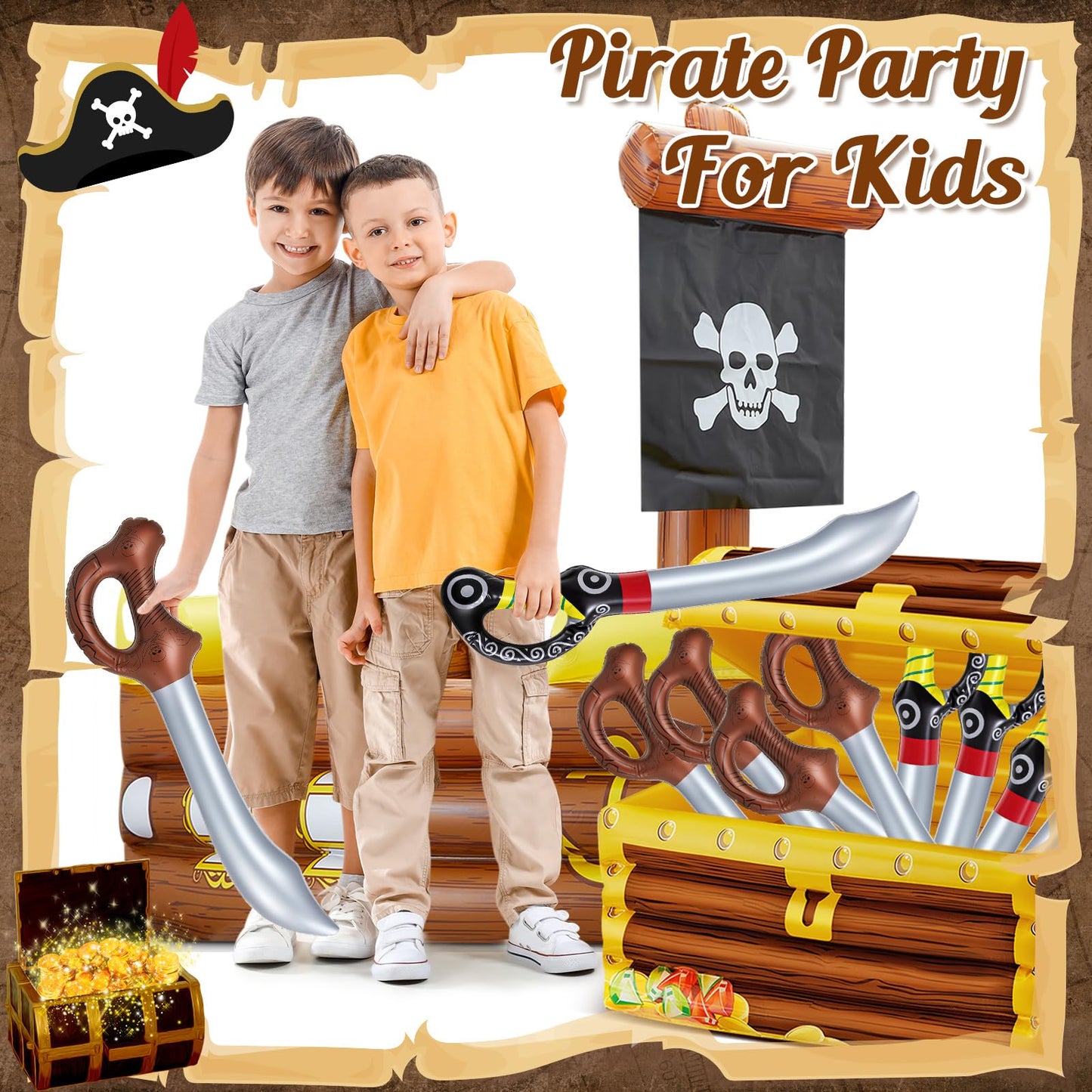 Cunhill 14 Pcs Pirate Party Set Birthday Pirate Party Decoration 1 Pc Funny Inflatable Pirate Ship Drink Cooler 1Pc Blow up Treasure Chest 12 Pcs Kid decorative replica blade for Supplies Beverage Serving Container Pool