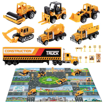 Temi Diecast Engineering Construction Vehicle Toy Set W/Play Mat,Truck Carrier, Forklift, Bulldozer, Excavator,Dump Truck, Alloy Metal Car Toys Set For 3 4 5 6 Years Old Toddlers Kids Boys & Girls