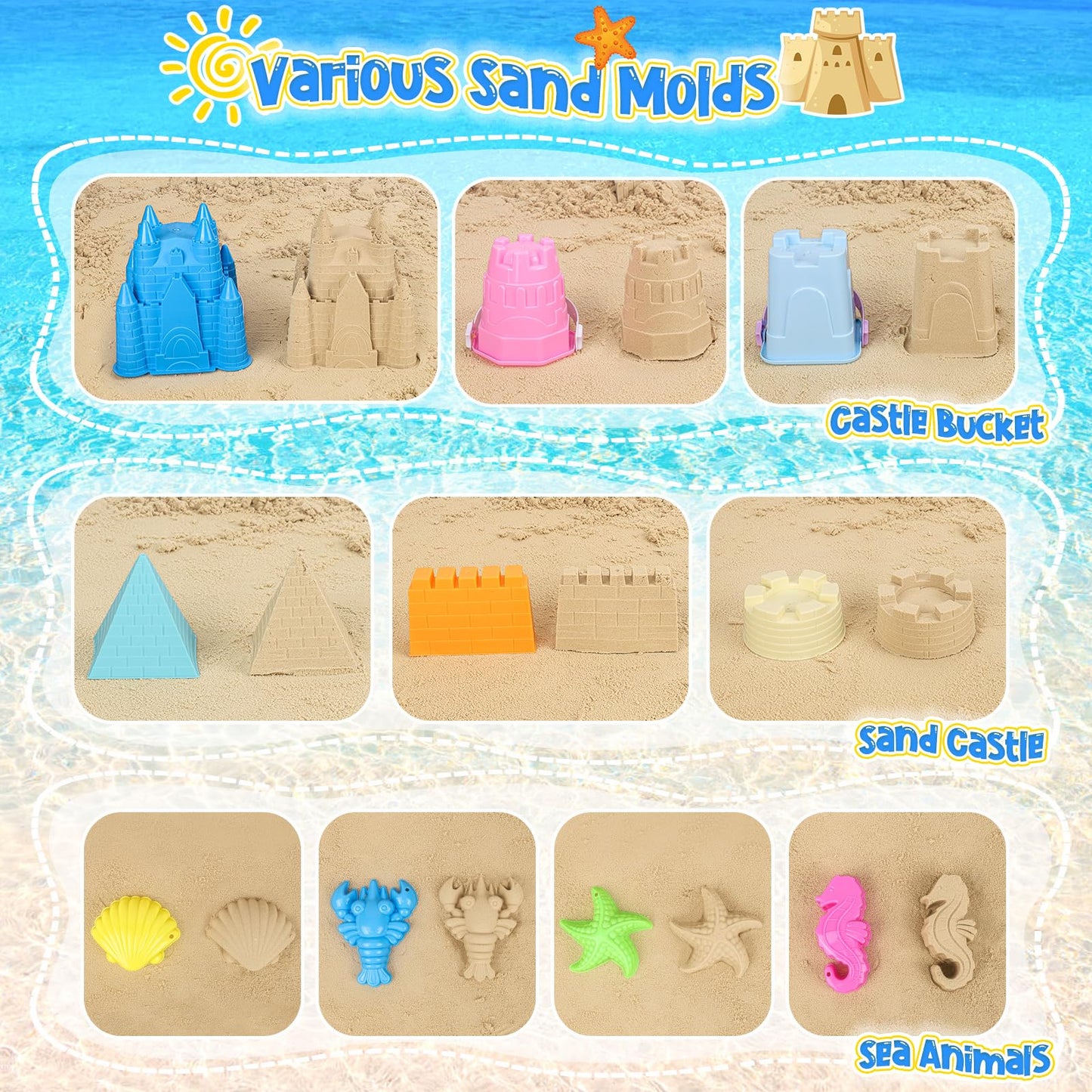 FUSPWEAO Beach Toys Sand Toys for Kids, Sand Castle Toys for Beach with Sand Castle Bucket, Sand Molds, Shovel and Rake, Sand Ca