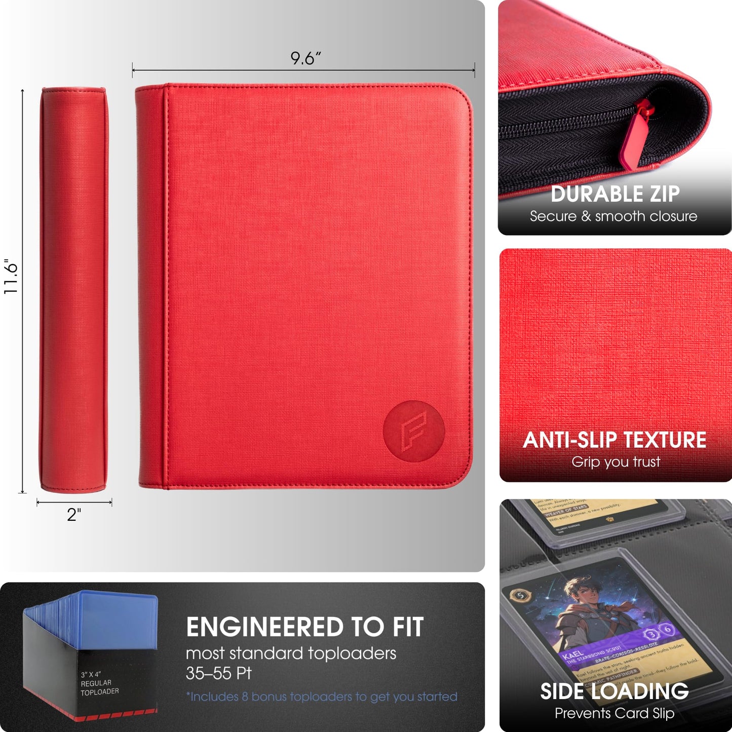 FORZAROCKET 4-Pocket Small Binder for Toploaders - Holds 112 Top Loaders  Ringless  Waterproof PU Leather  for Sports & Trading Cards (Lava Red)