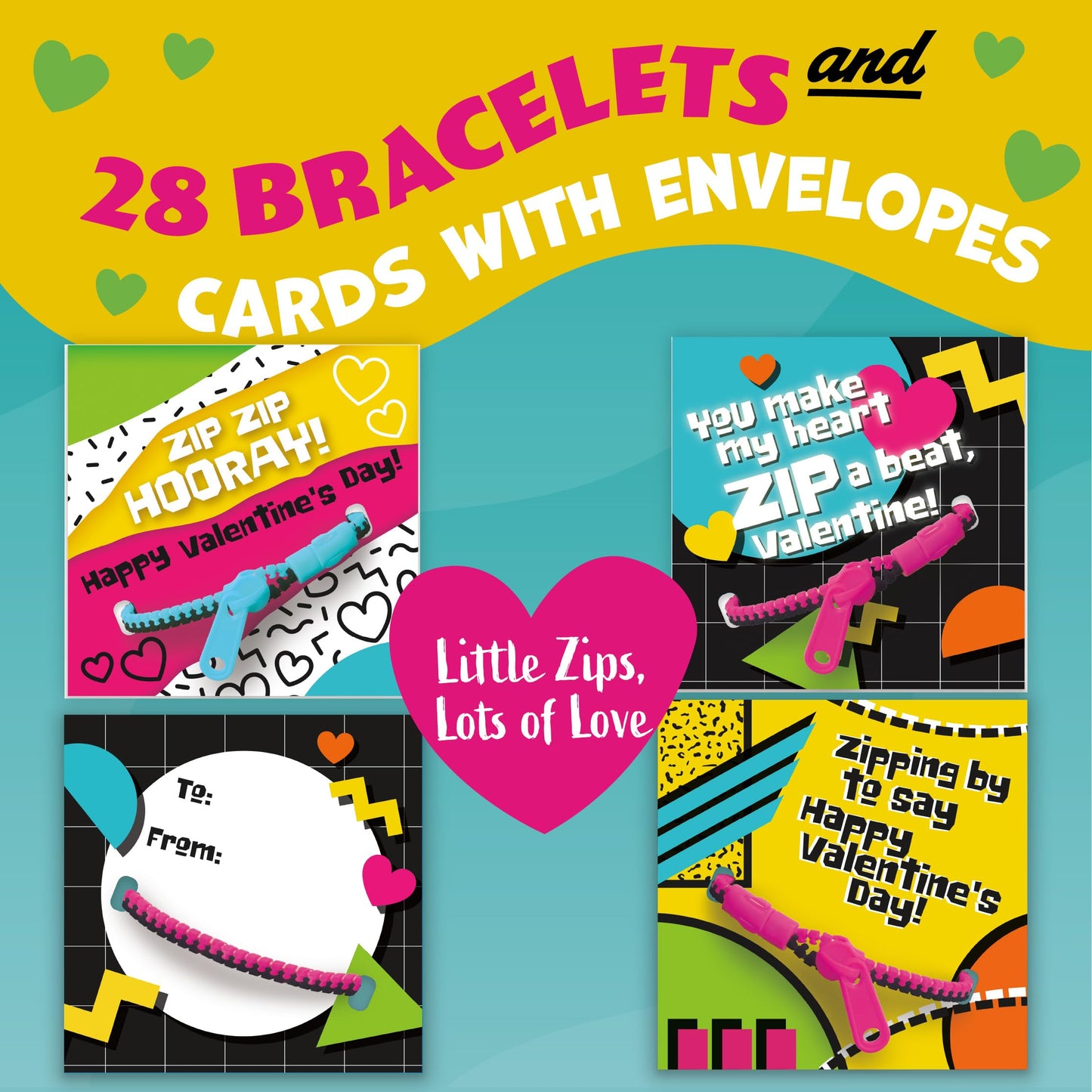 Peaceable Kingdom Valentines Cards for Kids Classroom, Set of 28 Valentines Day Gifts - Zipper Friendship Bracelets