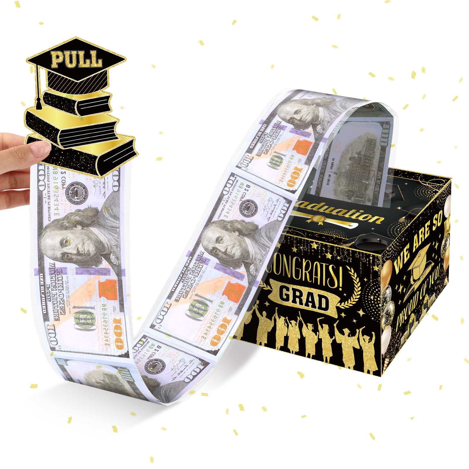 Graduation Money Box for Cash Gift Pull,Gold Black Graduation Gifts Surprise Money Box with Pull Out Happy Graduation Congrat Gr