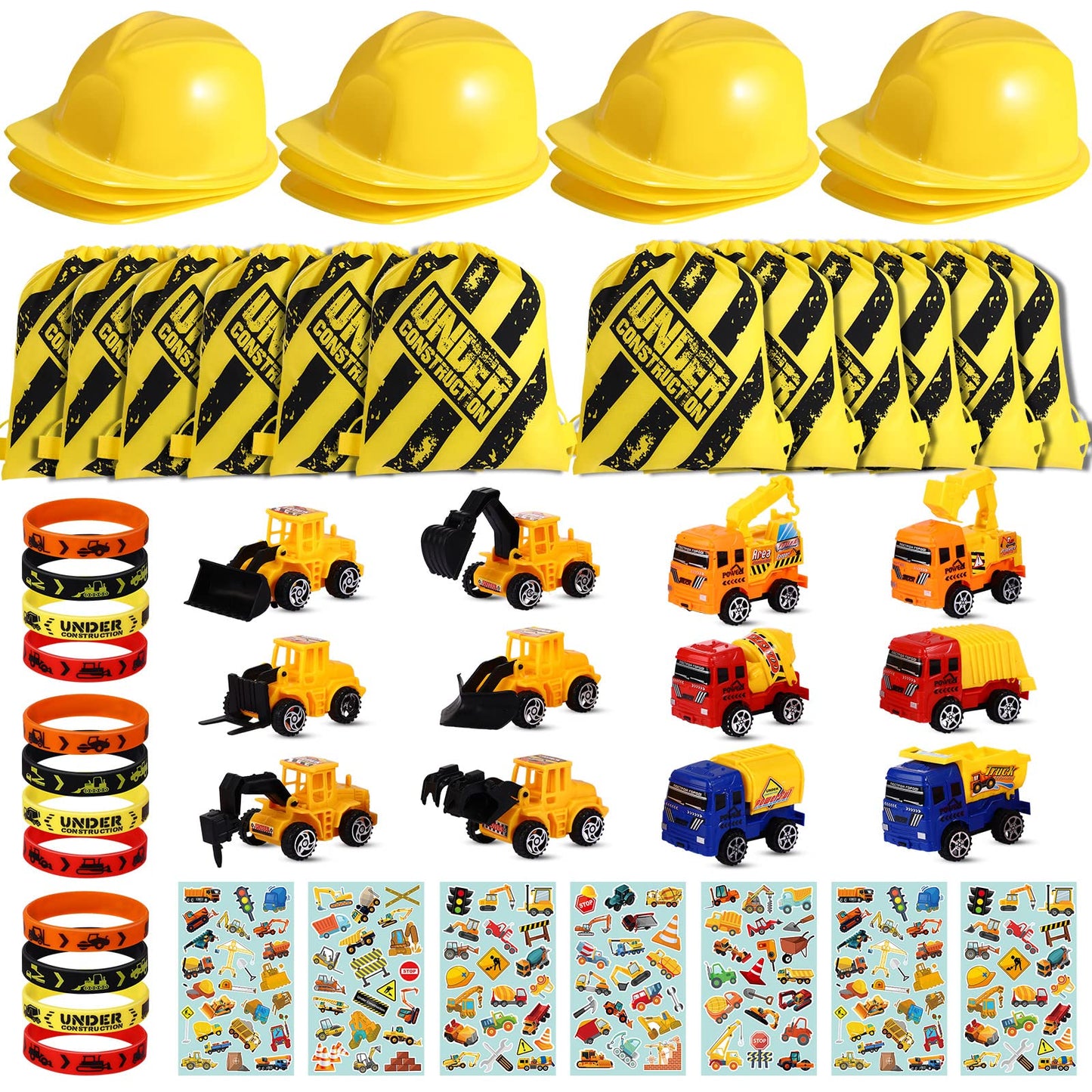 Sratte 55 Pieces Construction Vehicle Birthday Party Favors Supplies Set, Construction Theme Hats Goodie Bags Stickers Bracelets