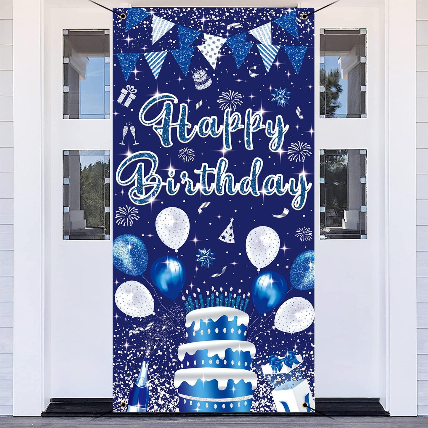 Gya 3X6Ft Blue Silver Birthday Door Banner Navy Blue Glitter Sequin Happy Birthday Background Cake Balloons Gifts Backdrops Kids