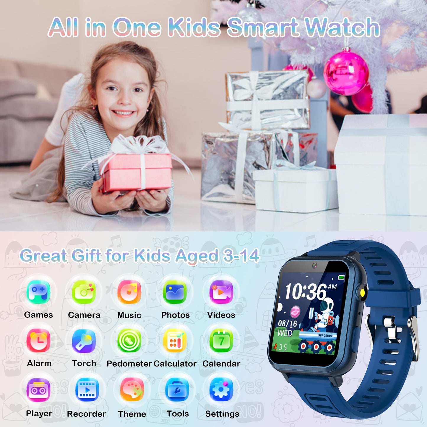 Aiwiep Smart Watch For Kids With 24 Games Kids Watches Touch Screen Music Player Camera Alarm Clock Calculator Flashlight Stopwatch 12/24 Hr Toys For Boys Gift For Kids 3-12 Year Old