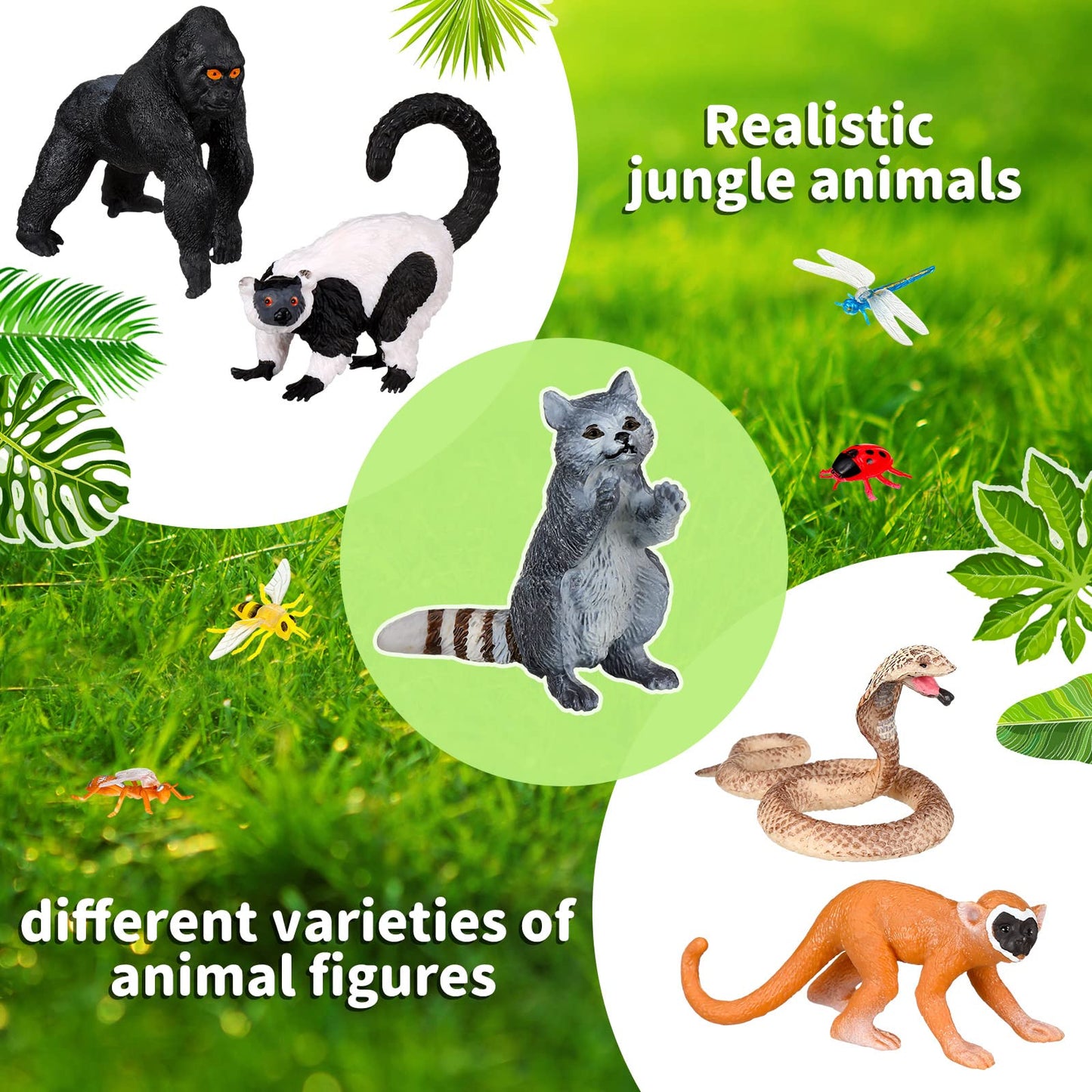 Jexine 25 Pack Rainforest Animals Figures Toys Set Assorted Creatures Rainforest Diorama Supplies Animals Model Trees for Birthd