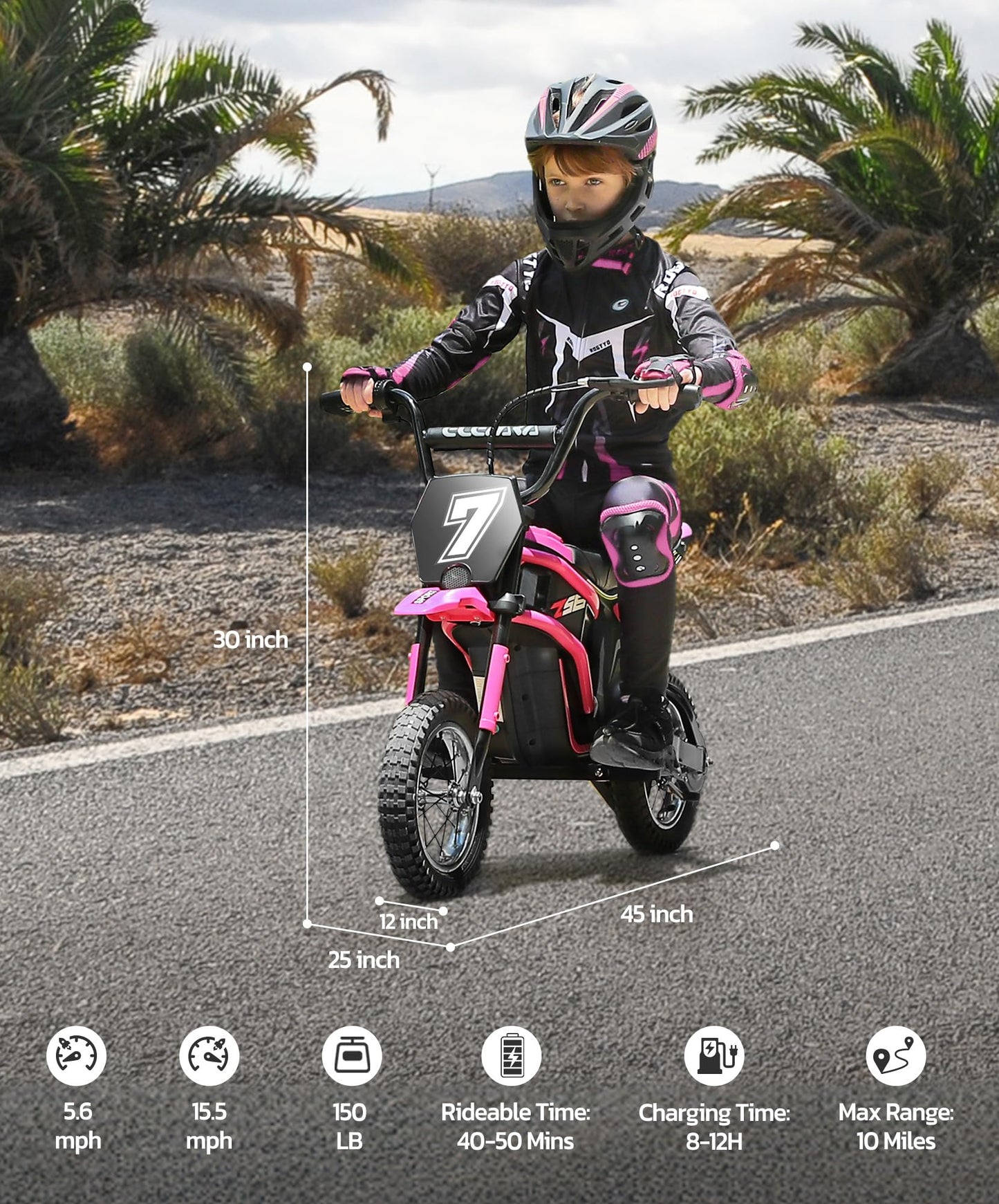 Elemara Electric Motorcycle For Kids, Dirt Bike Electric With Music & Bluetooth,350W Chain-Driven Motor,15.5 Mph & 150Lb Max,Twist-Grip Throttle & Hand-Operated Rear Brake,12' Air-Filled Tires-Pink