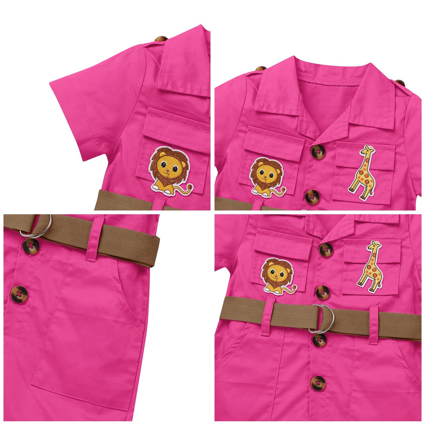 Baby Safari Outfit Wild One Birthday Outfit Girl Short Sleeve Safari Jumpsuit with Hat Toddler Zoo Keeper Costume Rose Red 6-12