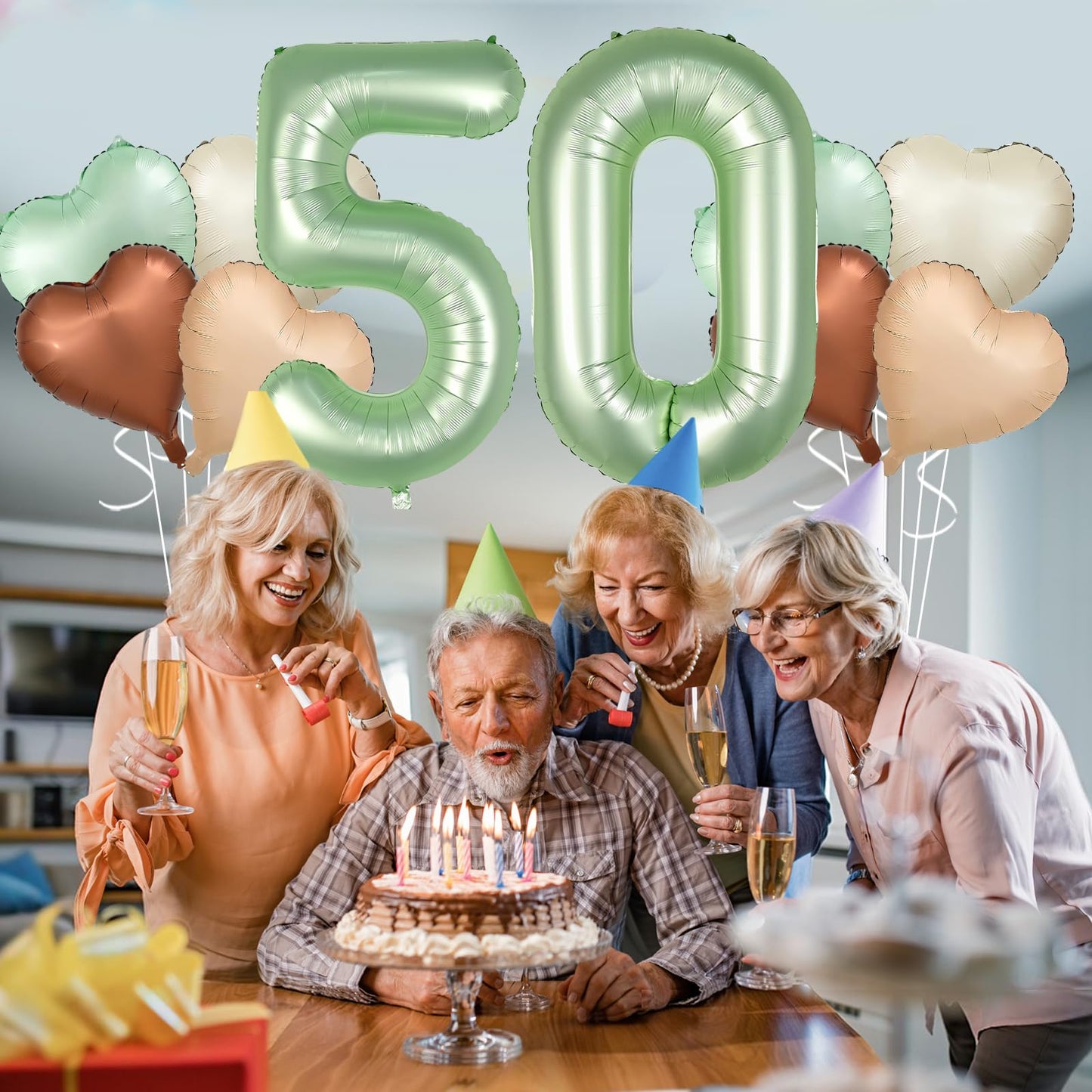 Biapian 40 Inch Sage Green Number 50 Balloons, Large Foil Number 5 & 0 Balloons With 18'' Olive Green Heart Balloon For 50Th Yea