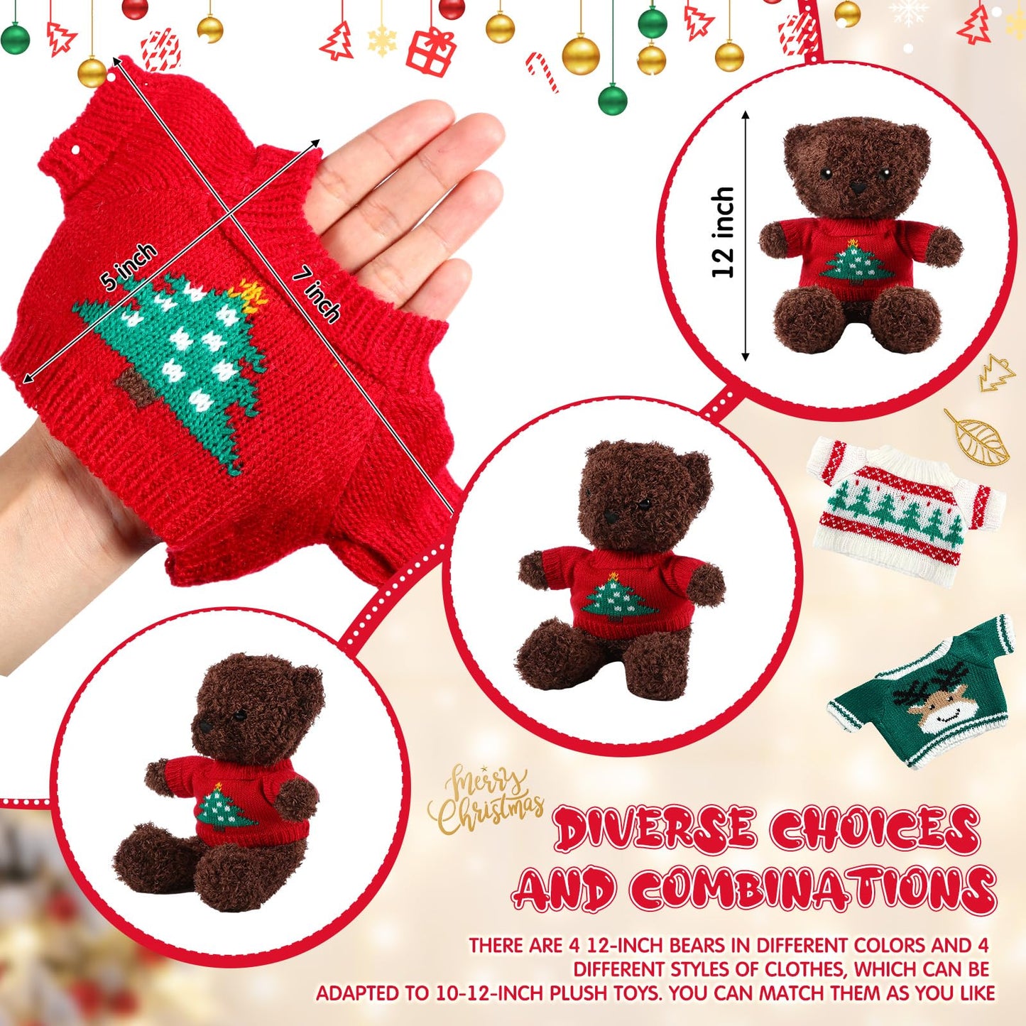 Glimin 4 Pcs Christmas Bear Stuffed Animals With Doll Clothes 12 Inch Cute Plush Bear With Removable Sweater Hoodie Xmas Doll Ac