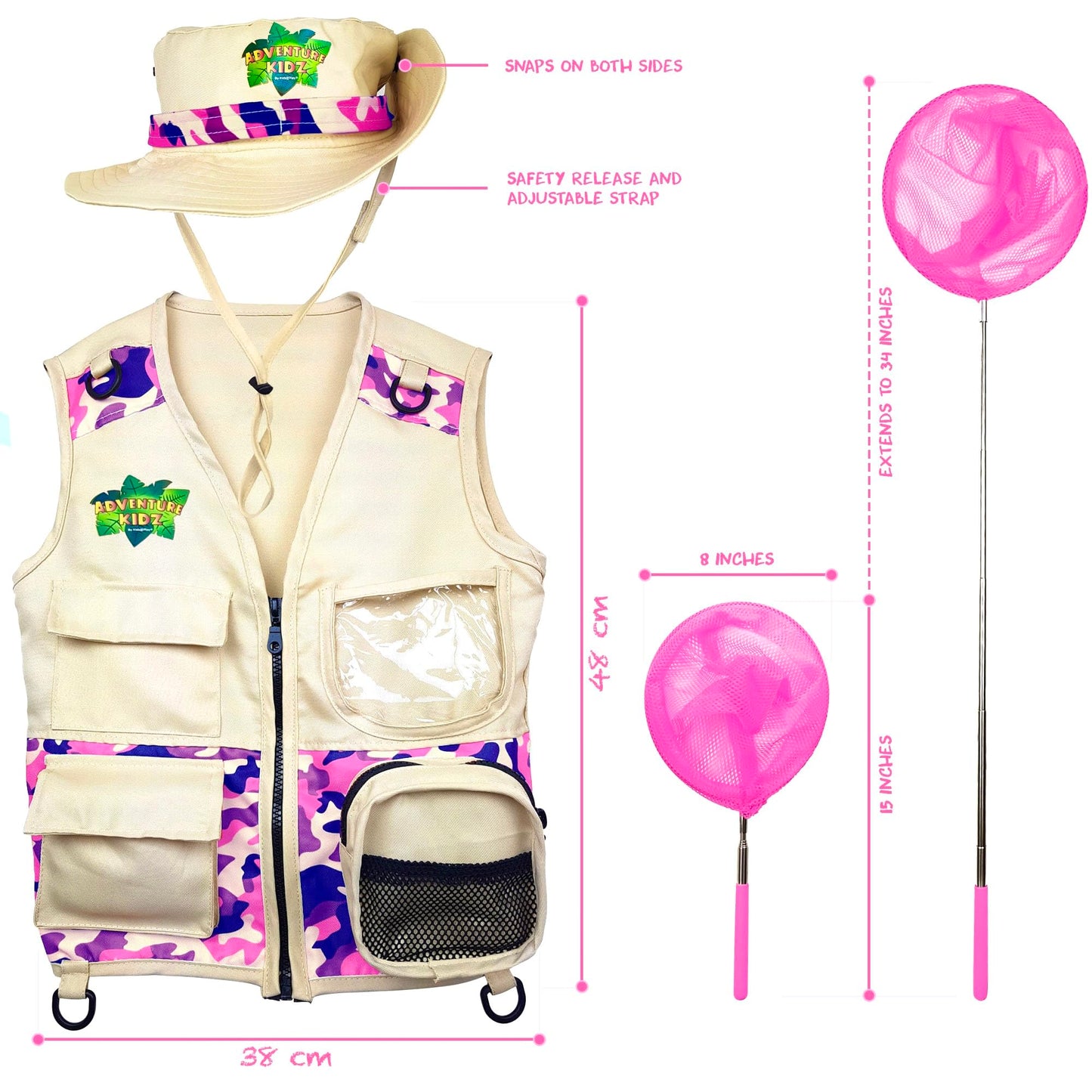 Kidz@Play Pink Bug Hunting Kit - Vest, Hat, Binoculars, Net, Container & More - Perfect for Kids' Outdoor Adventures, Small Size