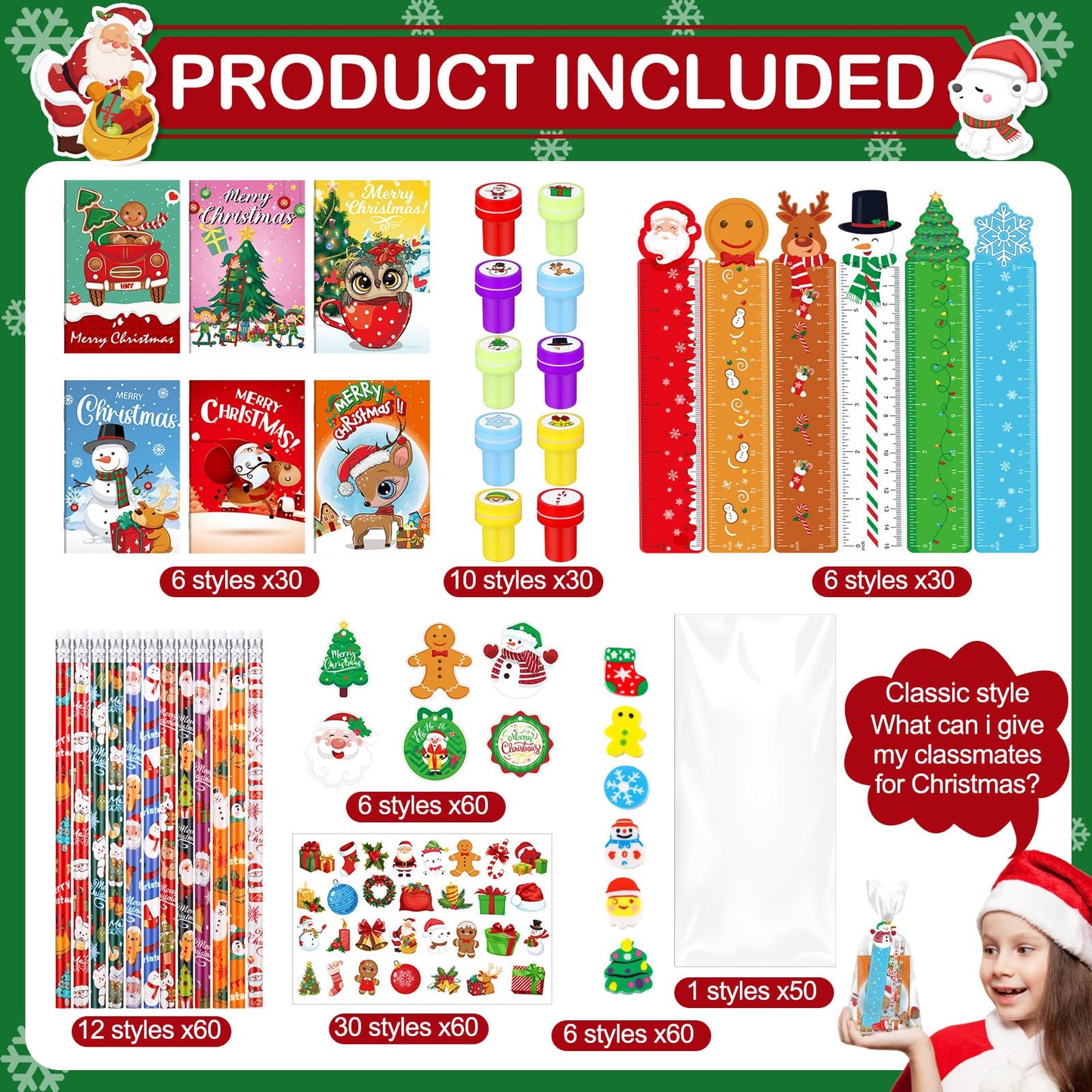 Zhanmai 350 Pcs Christmas School Stationery Gift Set for Kids Xmas Stationery Set for Stocking Stuffers 30 Pack with Notebook Pe