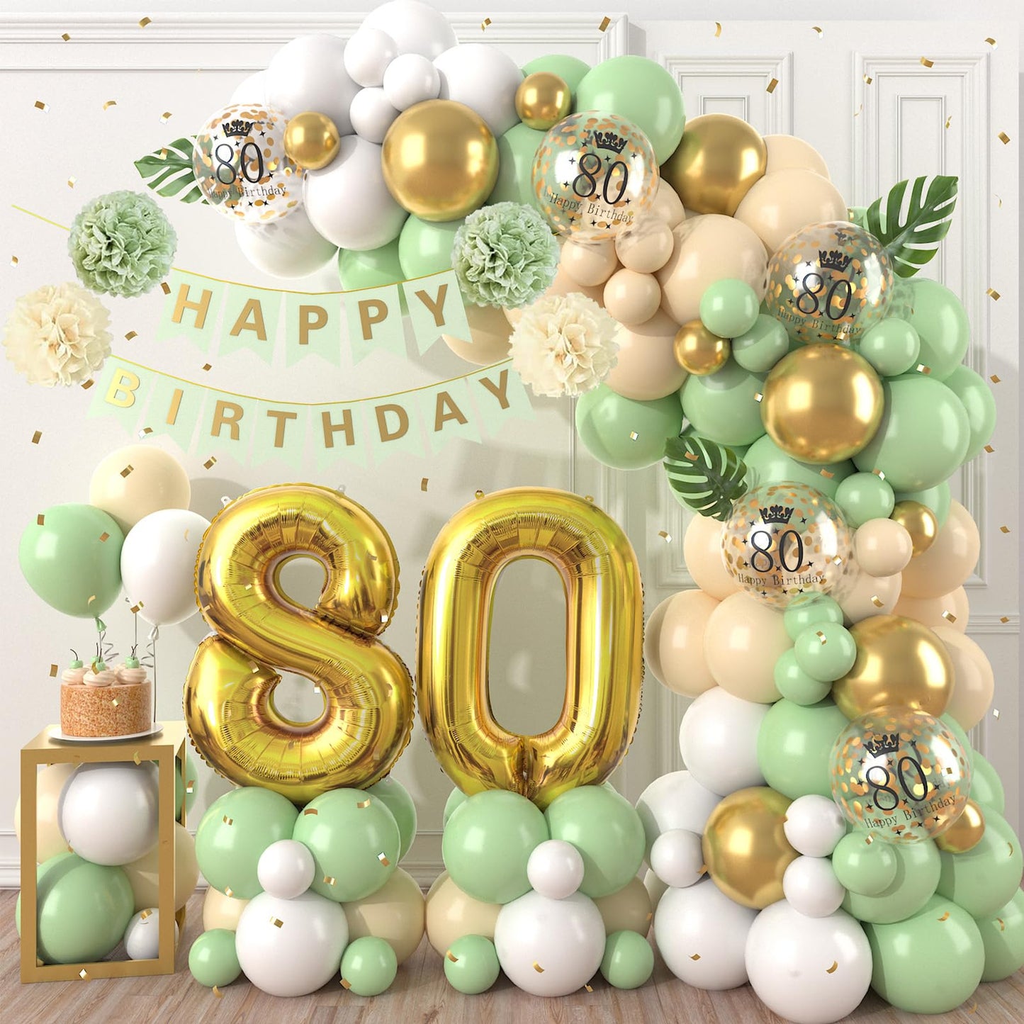 80Th Birthday Decorations Sage Green,80Th Birthday Balloon Garland Party Decorations With Number 80 Foil Balloons,Happy Birthday