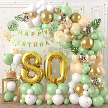 80Th Birthday Decorations Sage Green,80Th Birthday Balloon Garland Party Decorations With Number 80 Foil Balloons,Happy Birthday