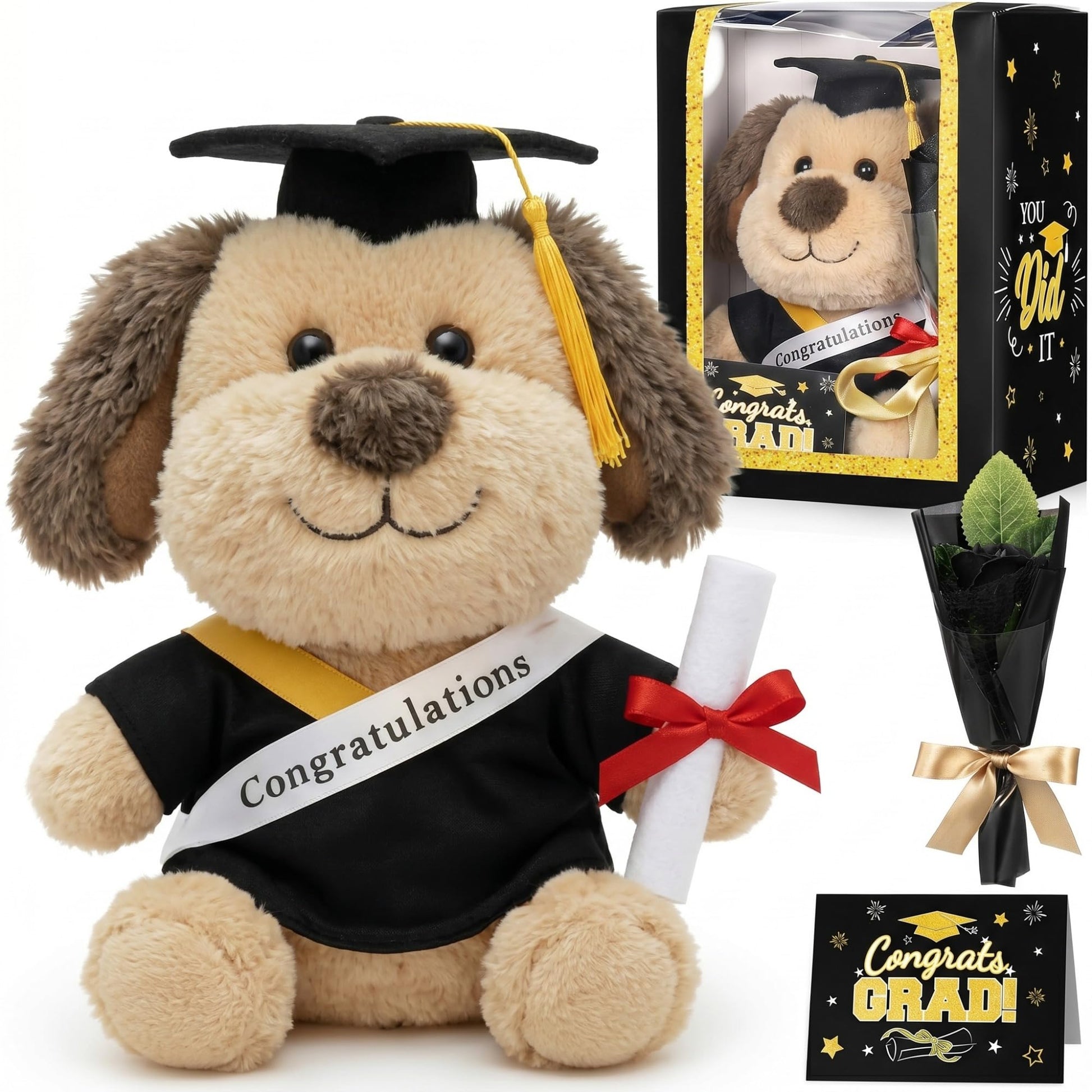 Hollowfly Graduation Dog Gifts Set Include Graduation Dog of 2026 Stuffed Animal with Cap and Gown, Artificial Flower, Graduate 