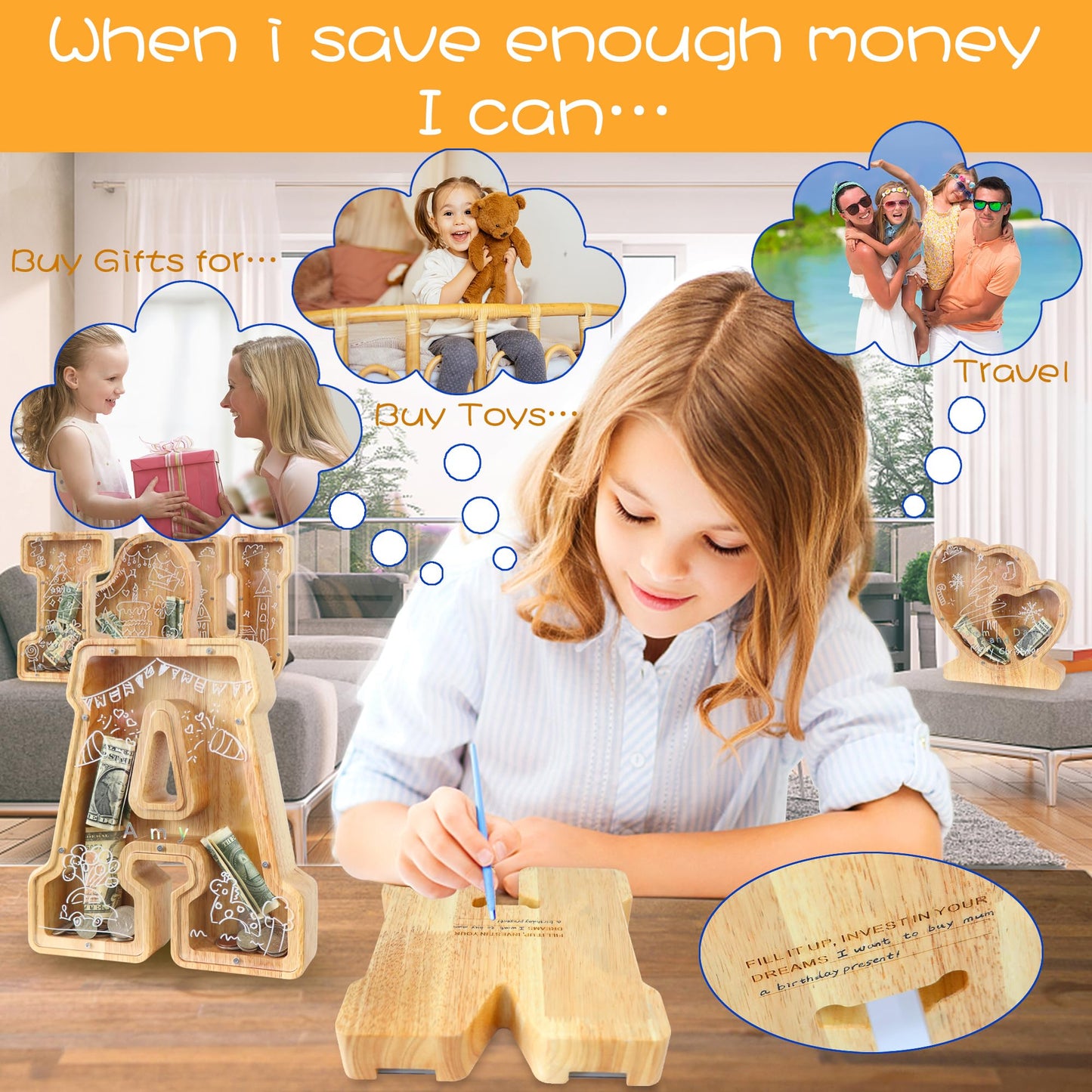 Weallbuy Large Letter Piggy Bank For Kids Boys Girls Wooden Personalized Piggy Banks A-Z With Target Area Clear Alphabet Banknot