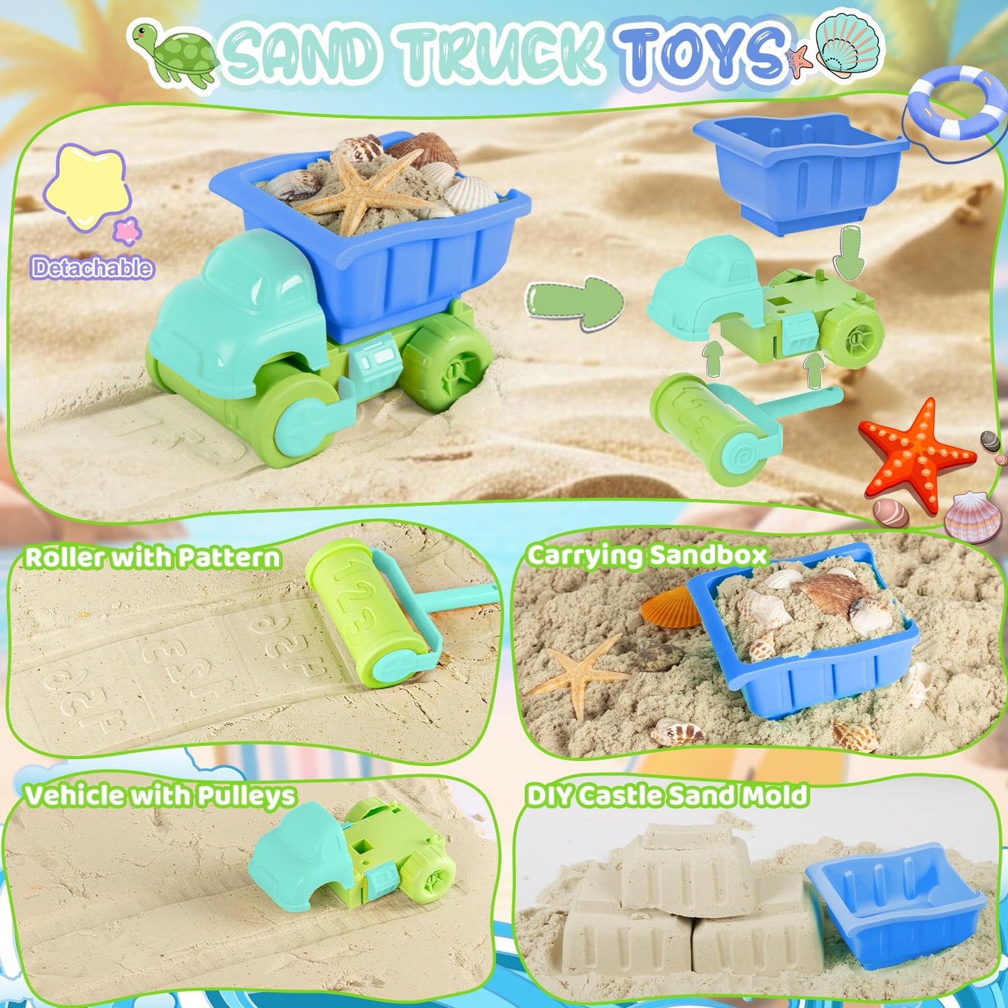 Upgraded Kids Turtle Sandbox With Lid & Adjustable Umbrella, Truck Toy & 8Pcs Sand Shovels, Sand Box With Cover, Beach Toys For