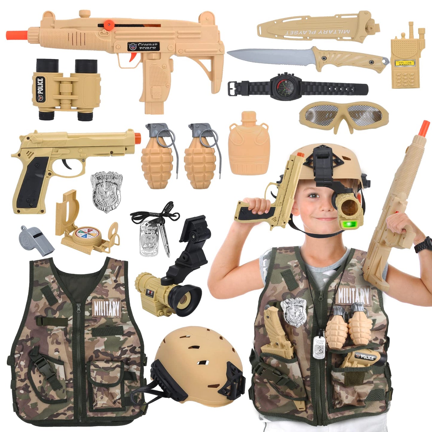 Captain Chaowing 17 Pcs Kids Army Costume, Military Soldier Dress Up Role Play, Combat Marines For Halloween With Camouflage Vest, Helmet And Accessories For Kids Boys 3+