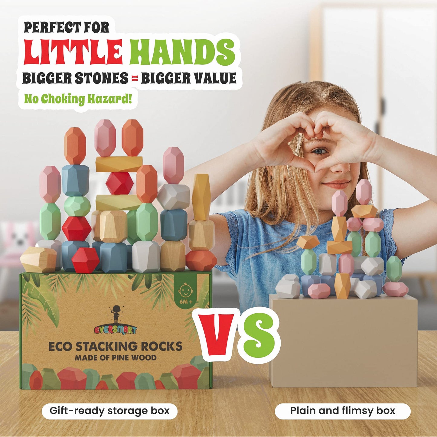 Eversmart 36 Pcs Wooden Stacking Blocks - Montessori Toys For 1 2 3 4 5 6 Year Old Toddlers And Kids, Xl Rocks, No Choking Hazar