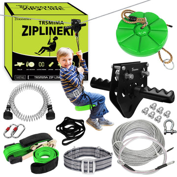 TRSMIMA Zipline Kit for Kids and mature-themed 200ft Zipline with Spring Brake Safety Harness Zip line Trolley Ratchet Tighten System Support 330 lbs