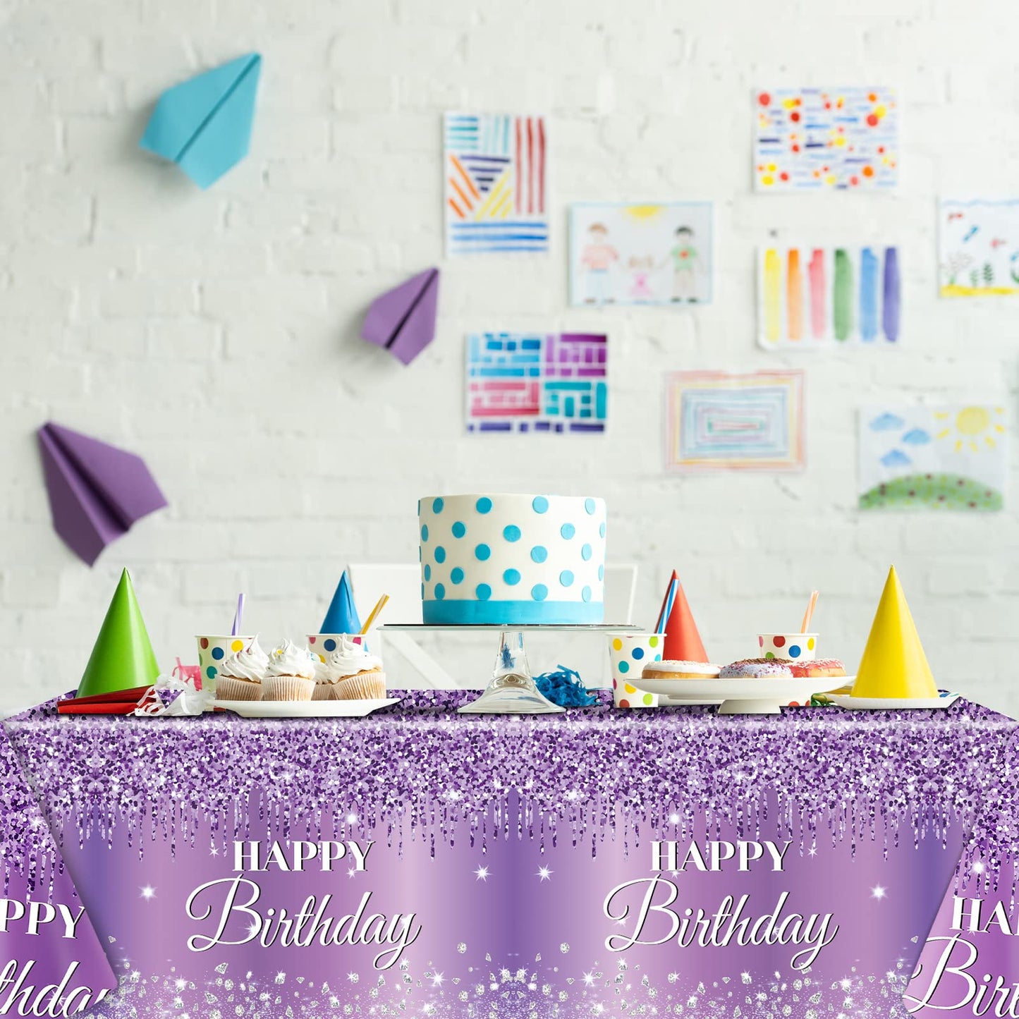 3 Pieces Purple Silver Birthday Tablecloths For Happy Birthday Party Decorations Plastic Disposable Purple Birthday Theme Table Covers For Girls Women Silver Glitter Birthday Party Supplies 54X108Inch