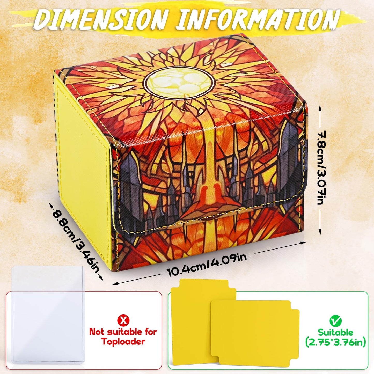 Uaono Deck Box For Mtg Cards, Trading Card Storage Box Holds 120+ Sleeved Commander Deck, Pu Leather Card Box Suits Tcg Magic Cards With 2 Dividers (Yellow,Sun)