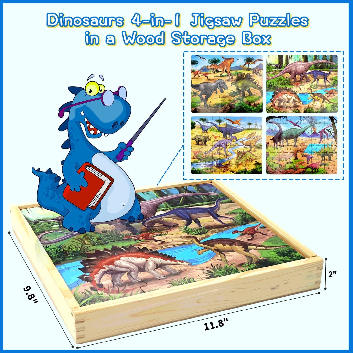 Wooden Puzzles For Kids Ages 4-8, Dinosaurs 4-In-1 Jigsaw Puzzles In A Wood Storage Box, 24 48 60 88 Pieces Dinosaur Puzzles Toys For Toddlers Kids Ages 3 4 5 6