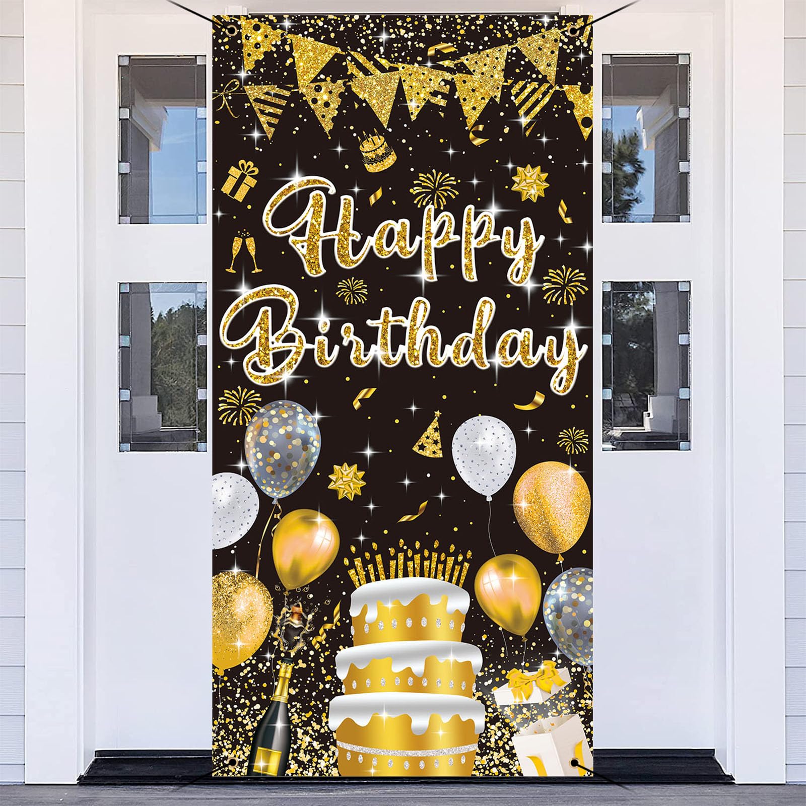 GYA 3x6ft Black Gold Birthday Door Banner Glitter Sequin Happy Birthday Background Cake Balloons Gifts Backdrops Girl Boy Men Wo