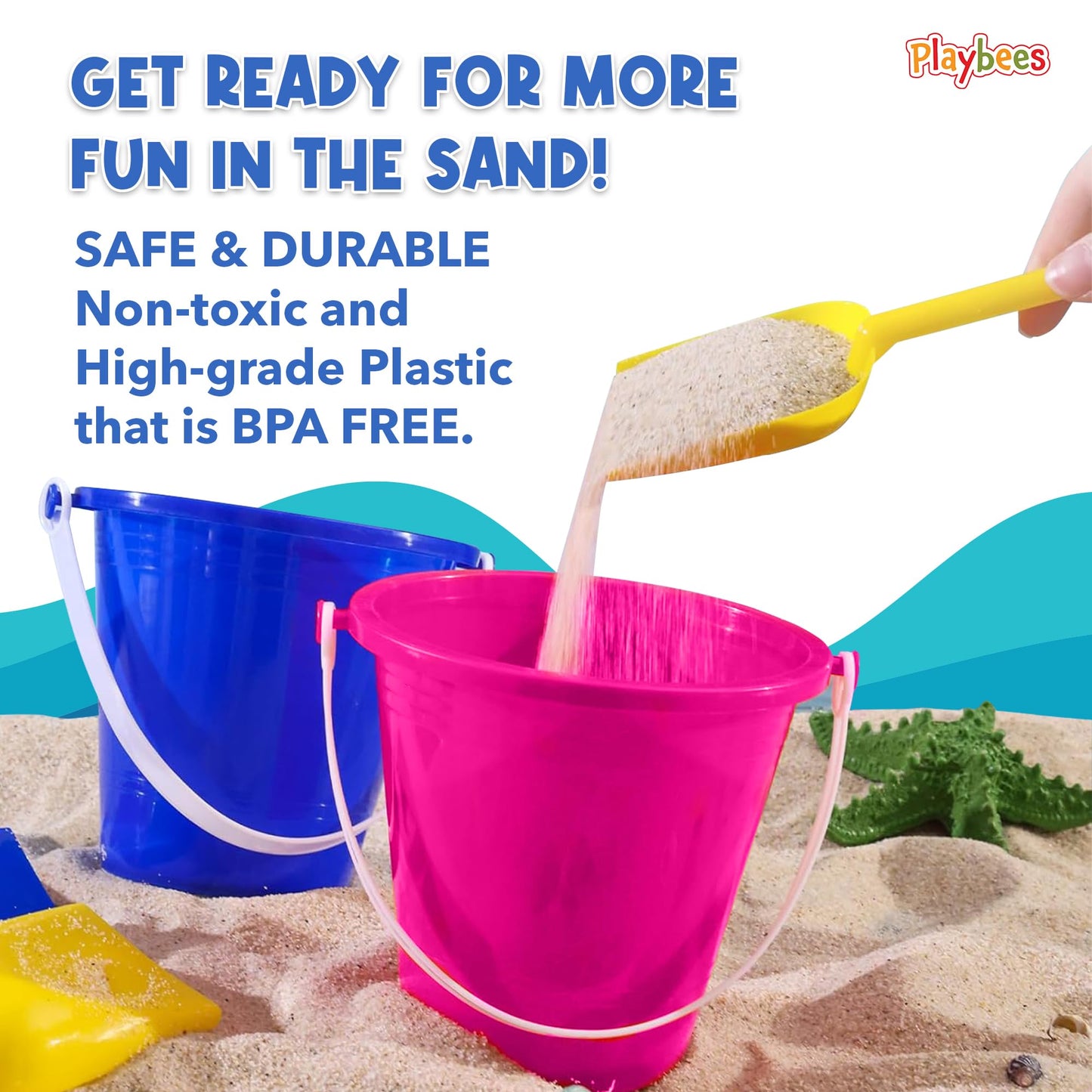 Beach Pail and Shovel Toy Set for Toddler 1-3 Includes 6.75 Inch Colorful Plastic Beach Buckets and Shovels for Sand Castle Buil