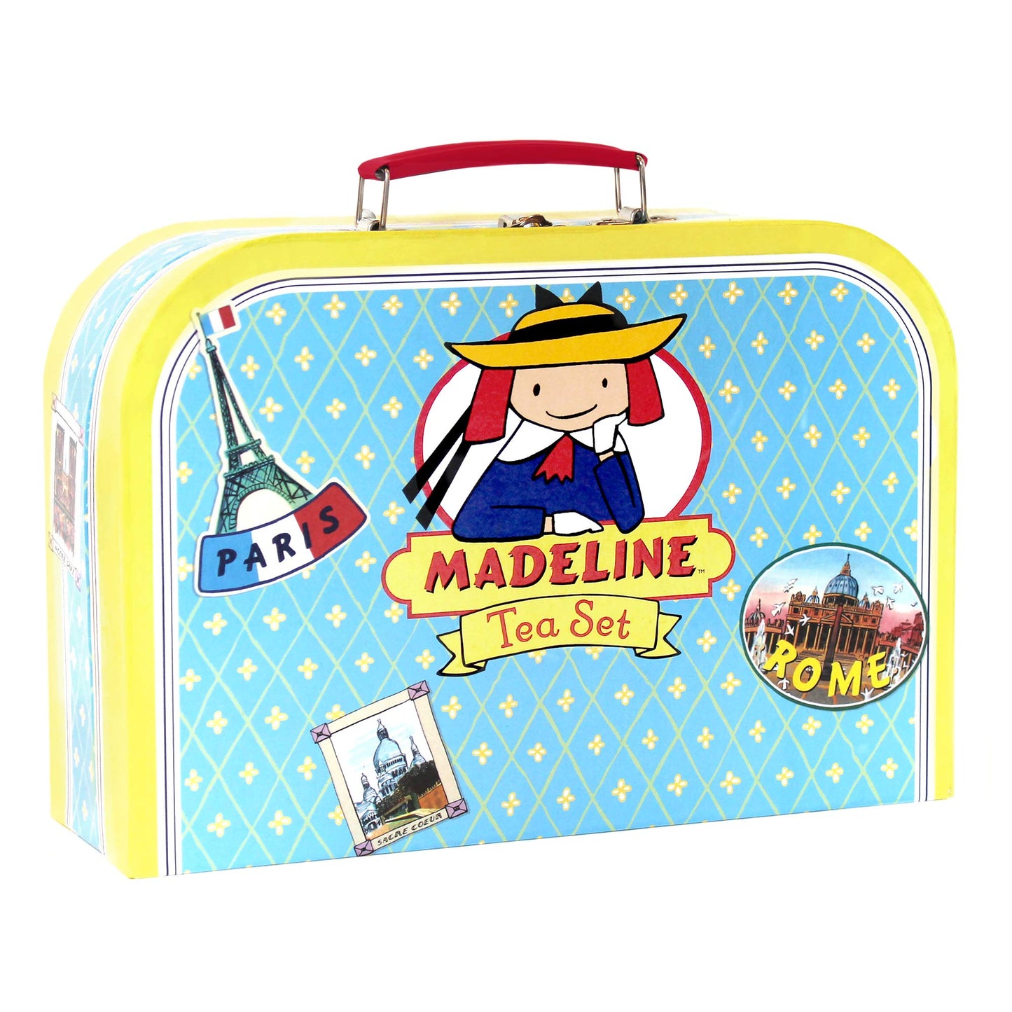 YOTTOY 23-Piece Madeline Tin Tea Set Toy, Plush Carry Case, Blue, Model 560