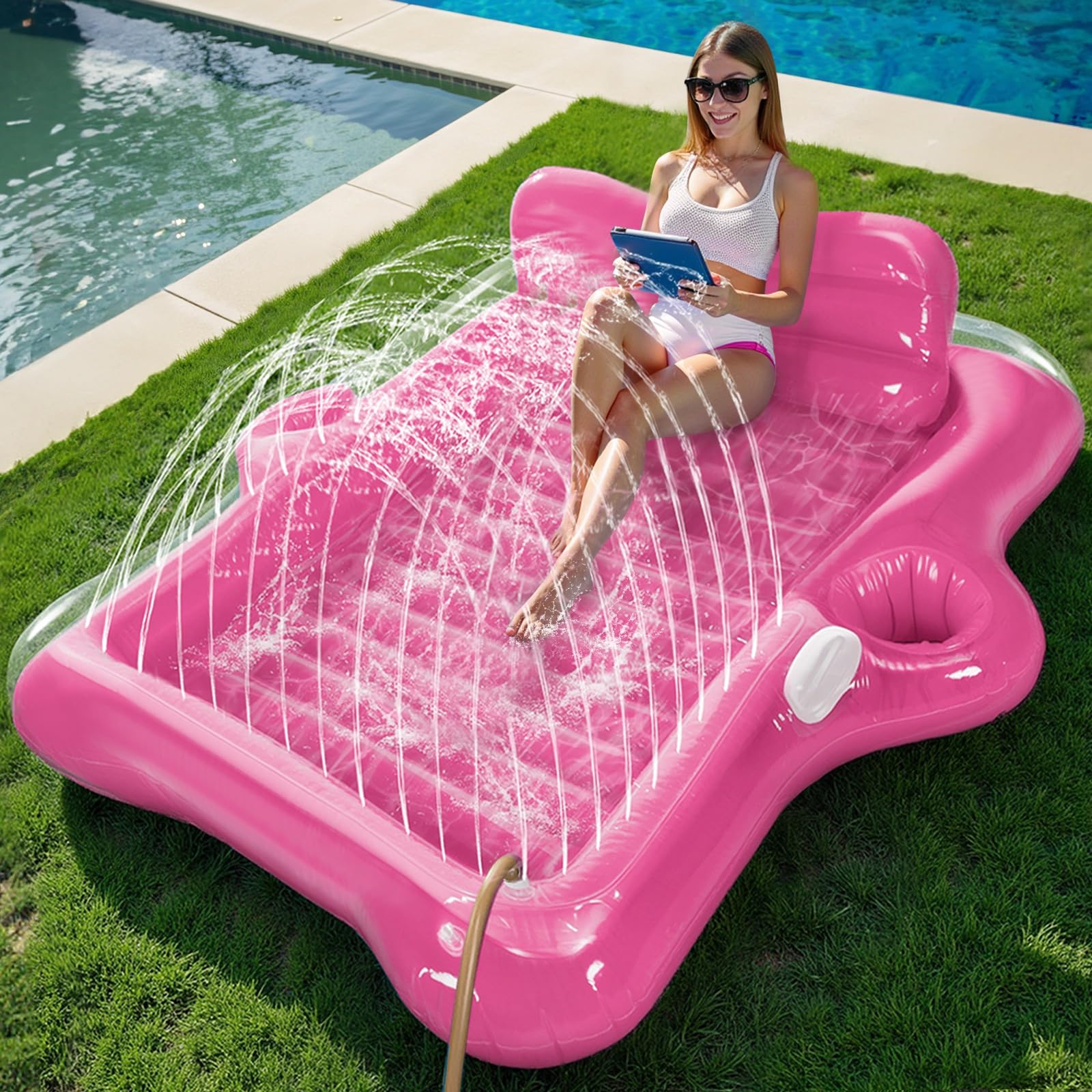 Snowalva Inflatable Tanning Pool Lounger Float  80 x 66Pool Floats mature-themed with Automatic Spray Cooling  5 in 1 Suntan Tub Raft Floatie  Sunbathing Bed Lounge for Pool Party Yard Tanning Summer Gift